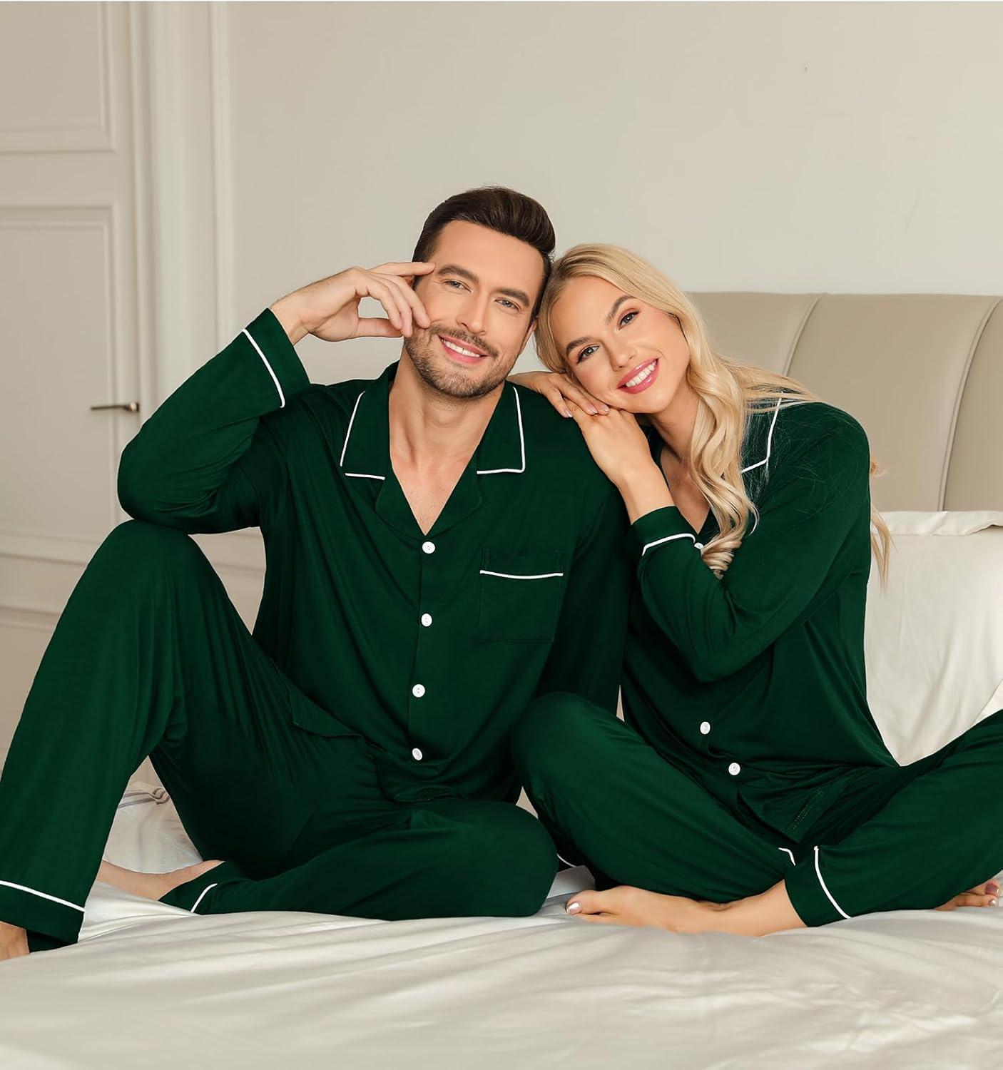 imageSWOMOG Couple Matching Pajamas Set Christmas Pajamas Long Sleeve Button Down Pj Set Festival Party Xmas SleepwearGreen