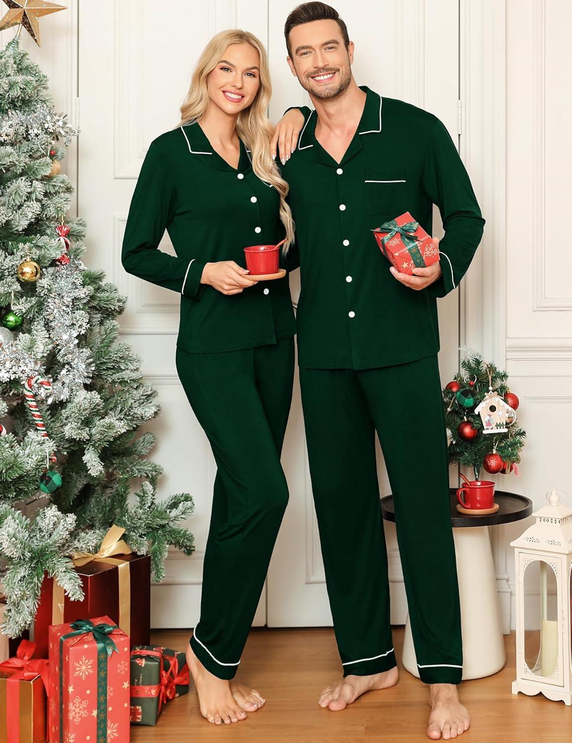 imageSWOMOG Couple Matching Pajamas Set Christmas Pajamas Long Sleeve Button Down Pj Set Festival Party Xmas SleepwearGreen