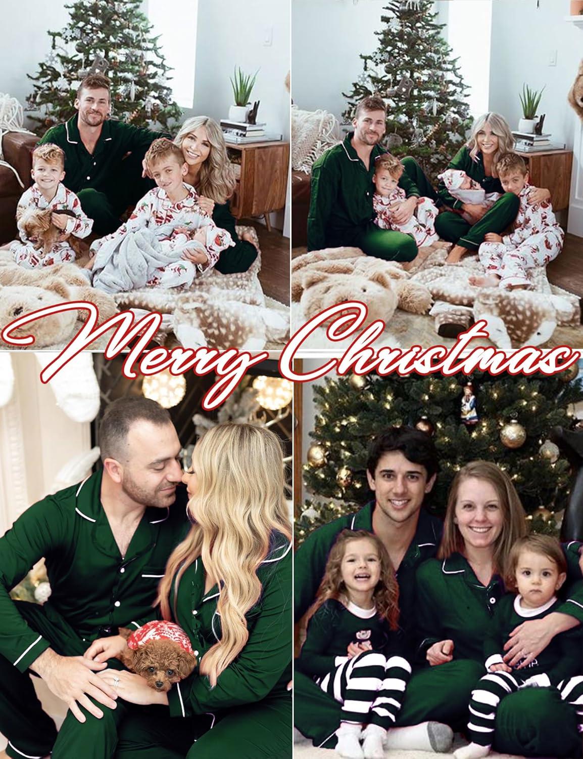imageSWOMOG Couple Matching Pajamas Set Christmas Pajamas Long Sleeve Button Down Pj Set Festival Party Xmas SleepwearGreen