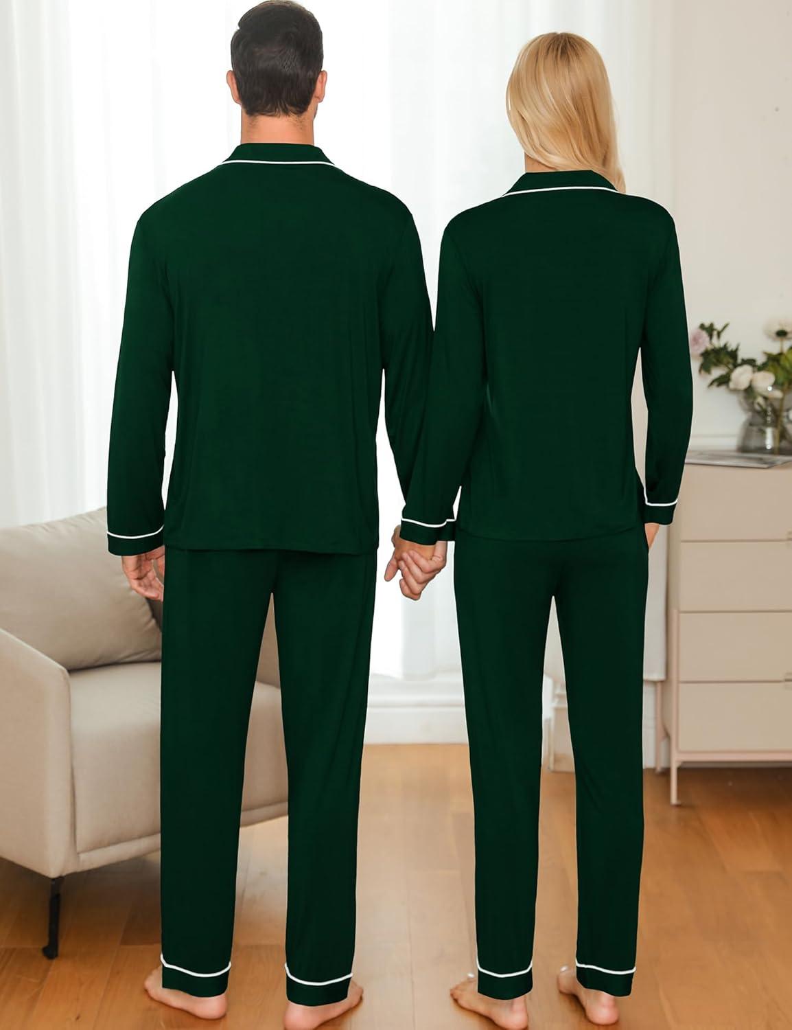 imageSWOMOG Couple Matching Pajamas Set Christmas Pajamas Long Sleeve Button Down Pj Set Festival Party Xmas SleepwearGreen