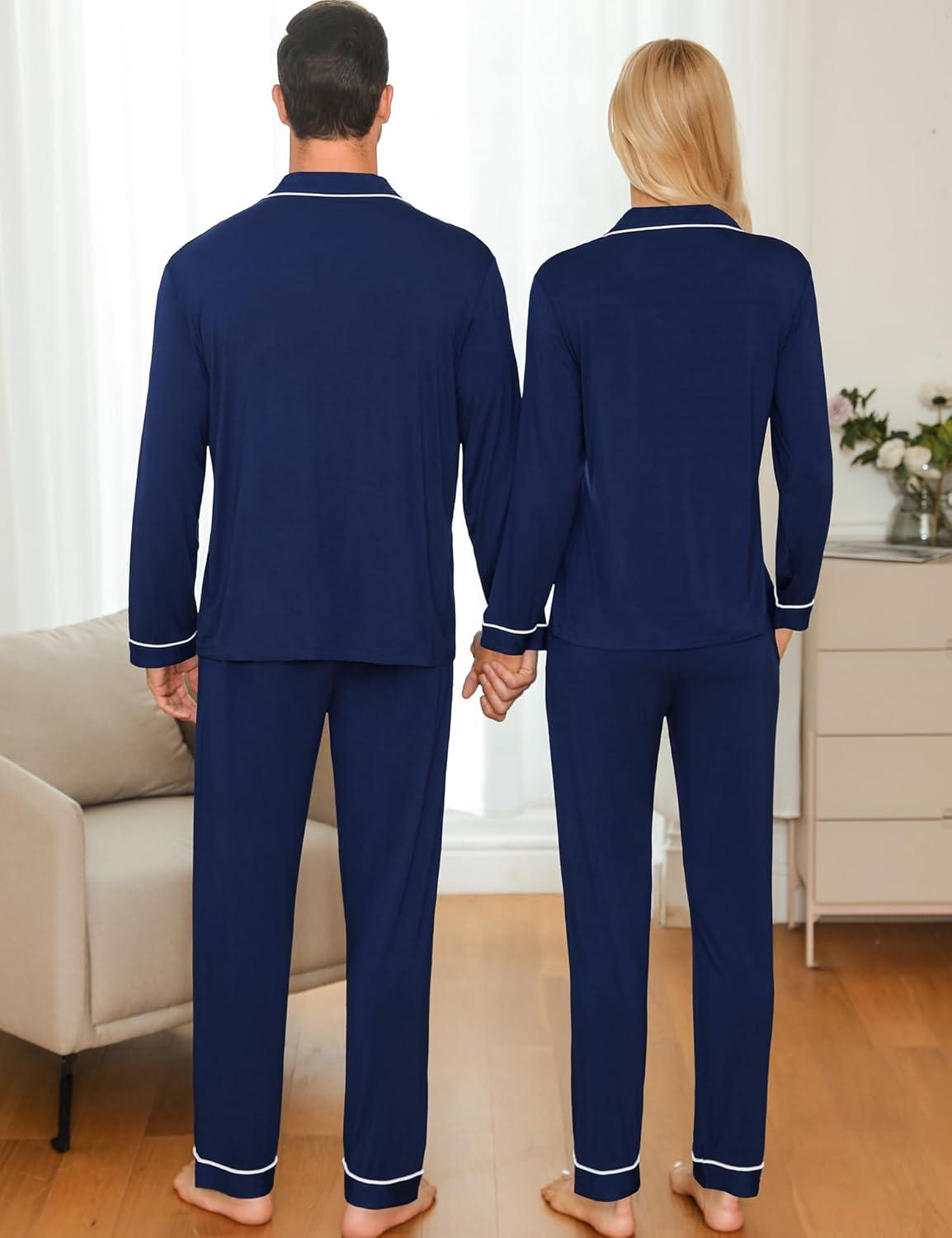 imageSWOMOG Couple Matching Pajamas Set Christmas Pajamas Long Sleeve Button Down Pj Set Festival Party Xmas SleepwearNavy Blue