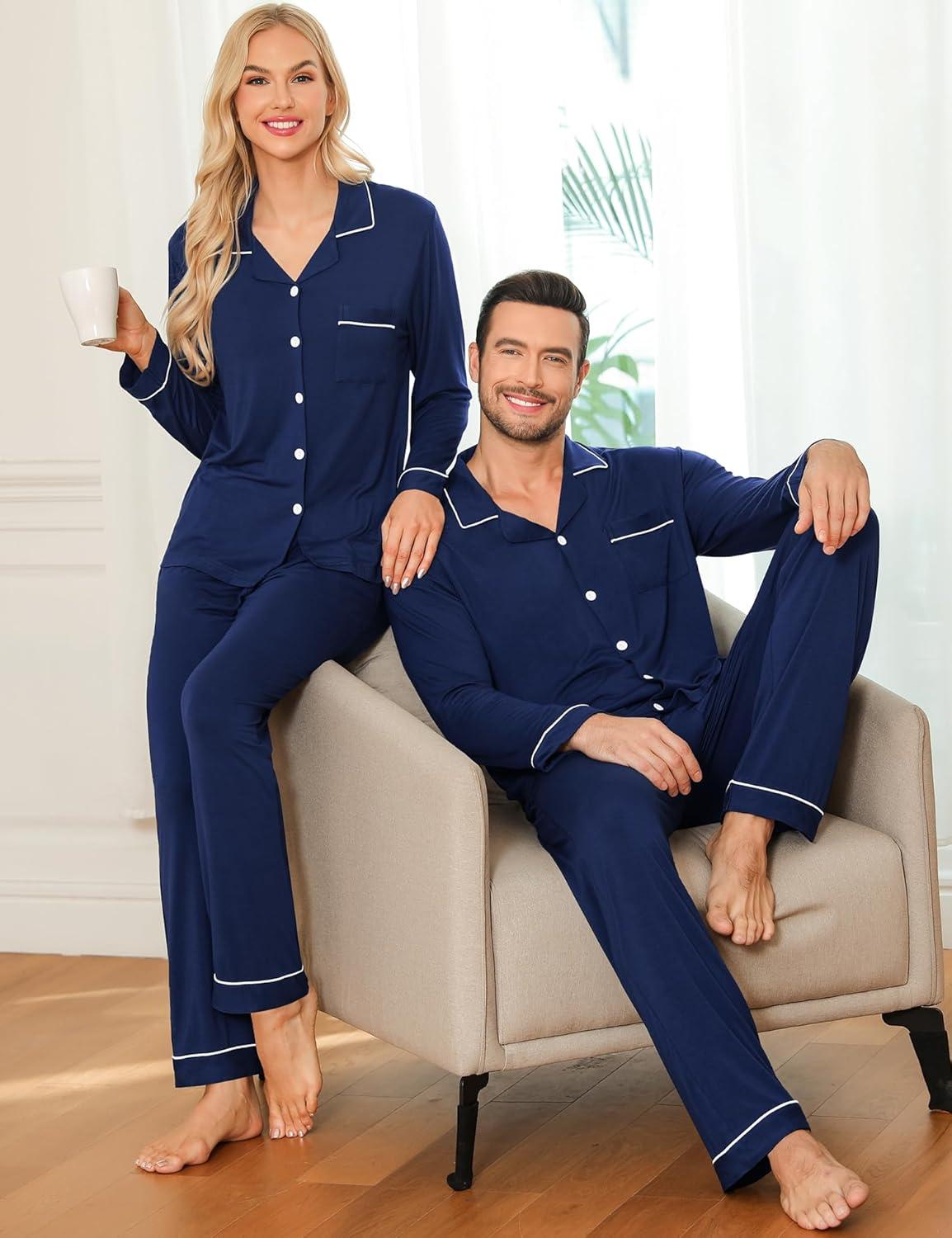imageSWOMOG Couple Matching Pajamas Set Christmas Pajamas Long Sleeve Button Down Pj Set Festival Party Xmas SleepwearNavy Blue