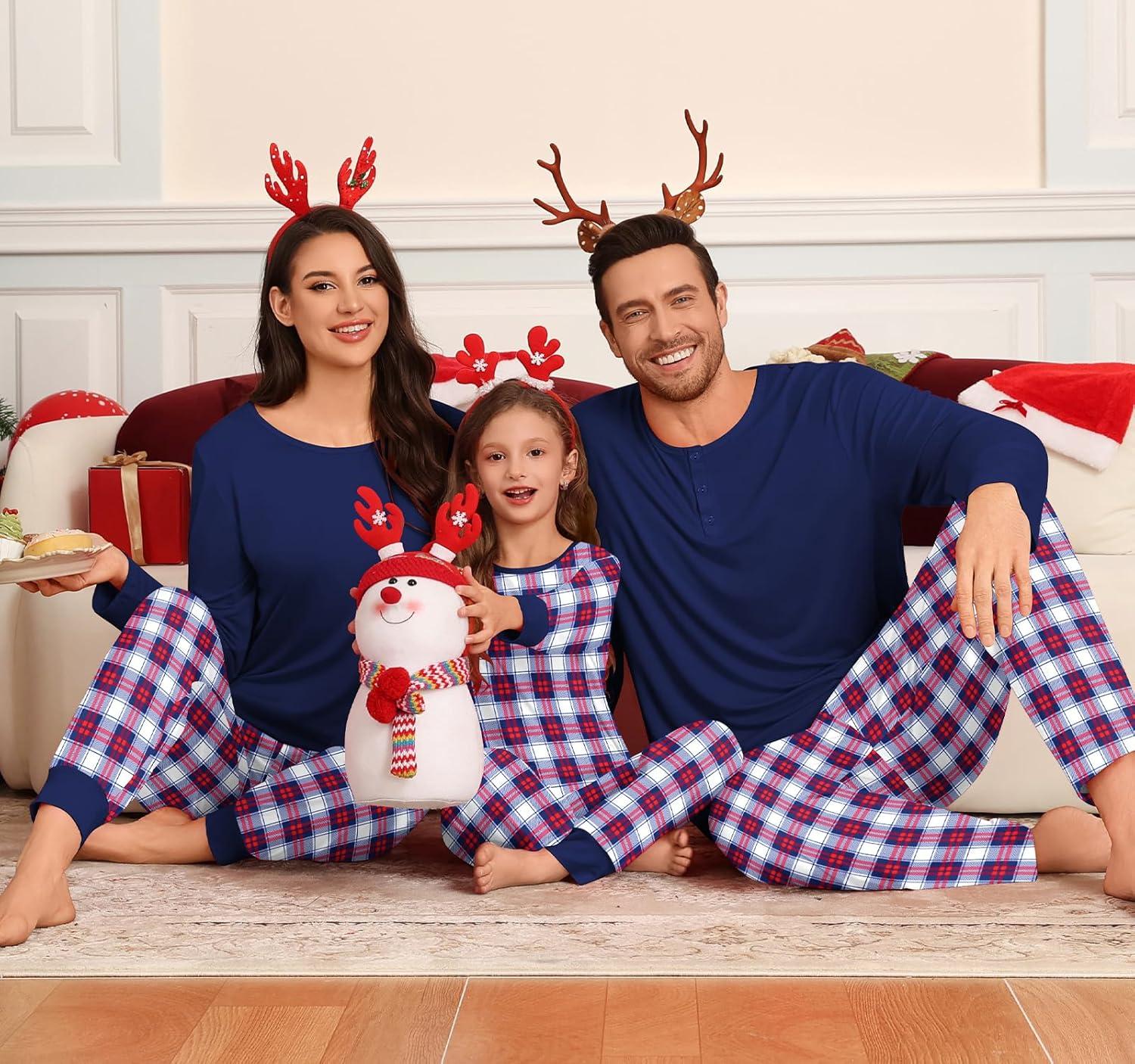 imageSWOMOG Couple Matching Pajamas Set Christmas Pajamas Long Sleeve Button Down Pj Set Festival Party Xmas SleepwearNavy Blue Plaid