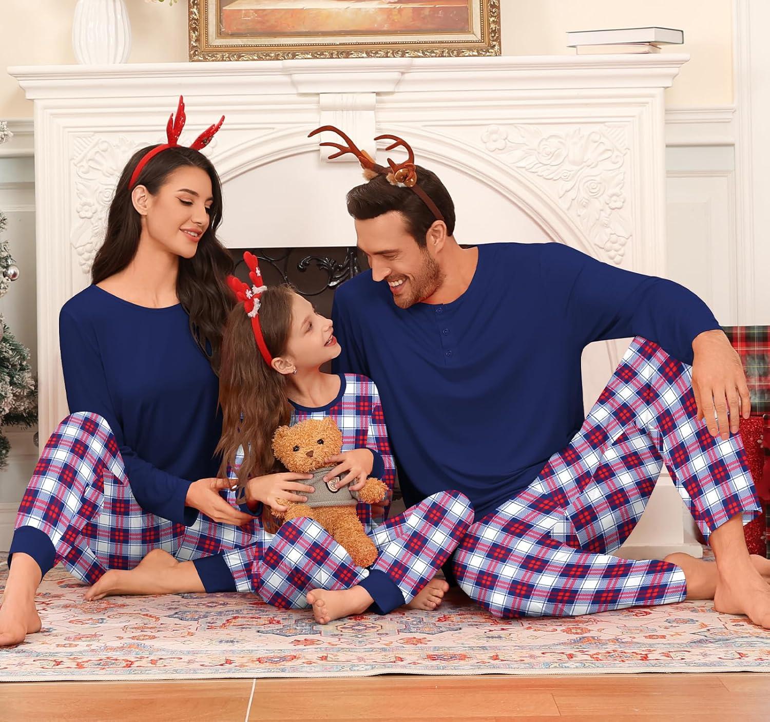 imageSWOMOG Couple Matching Pajamas Set Christmas Pajamas Long Sleeve Button Down Pj Set Festival Party Xmas SleepwearNavy Blue Plaid