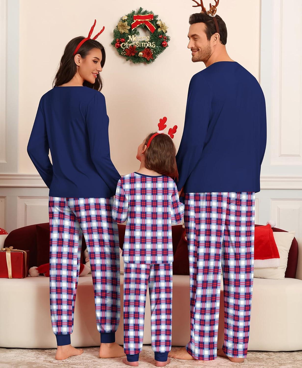 imageSWOMOG Couple Matching Pajamas Set Christmas Pajamas Long Sleeve Button Down Pj Set Festival Party Xmas SleepwearNavy Blue Plaid