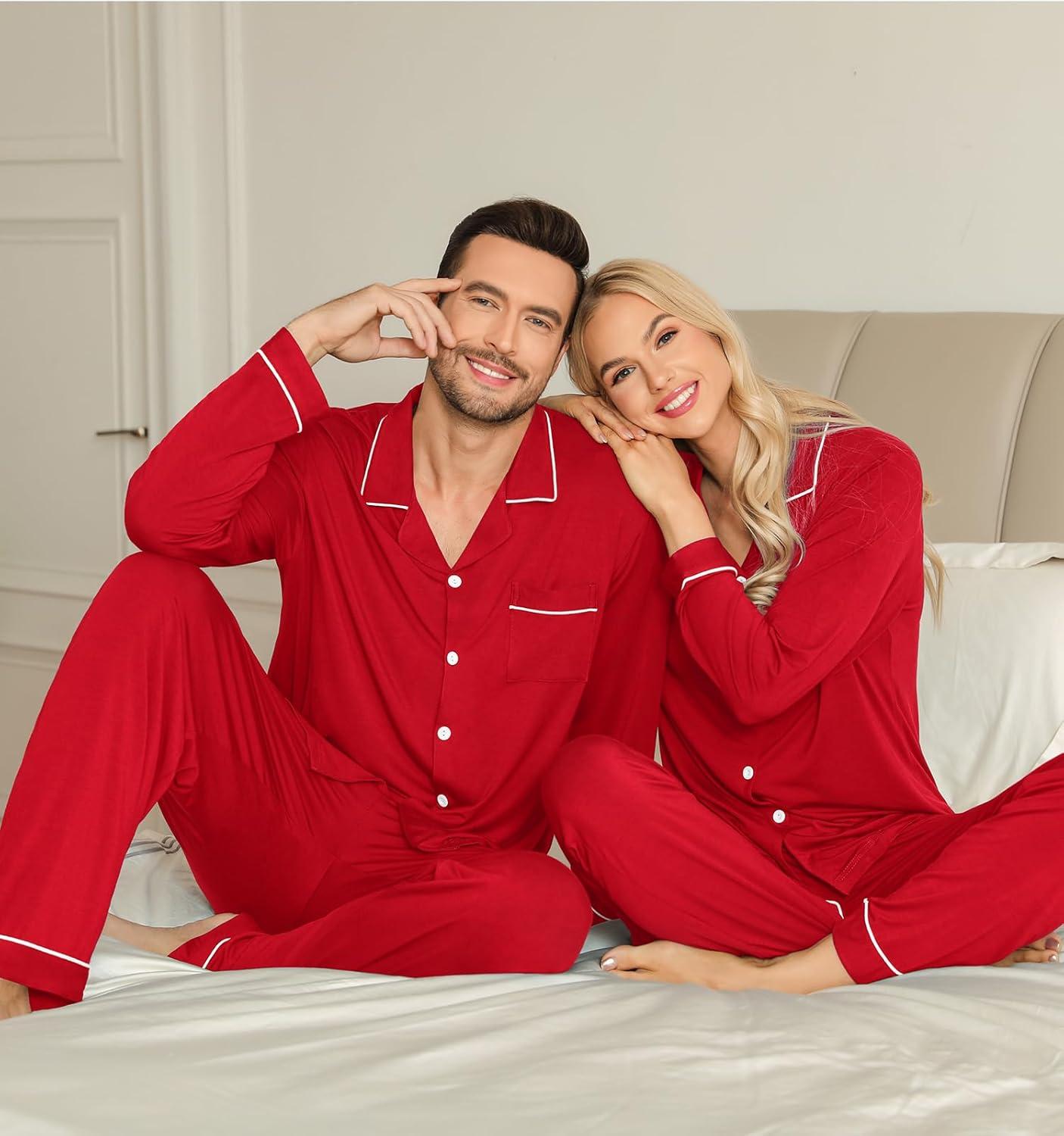 imageSWOMOG Couple Matching Pajamas Set Christmas Pajamas Long Sleeve Button Down Pj Set Festival Party Xmas SleepwearRed