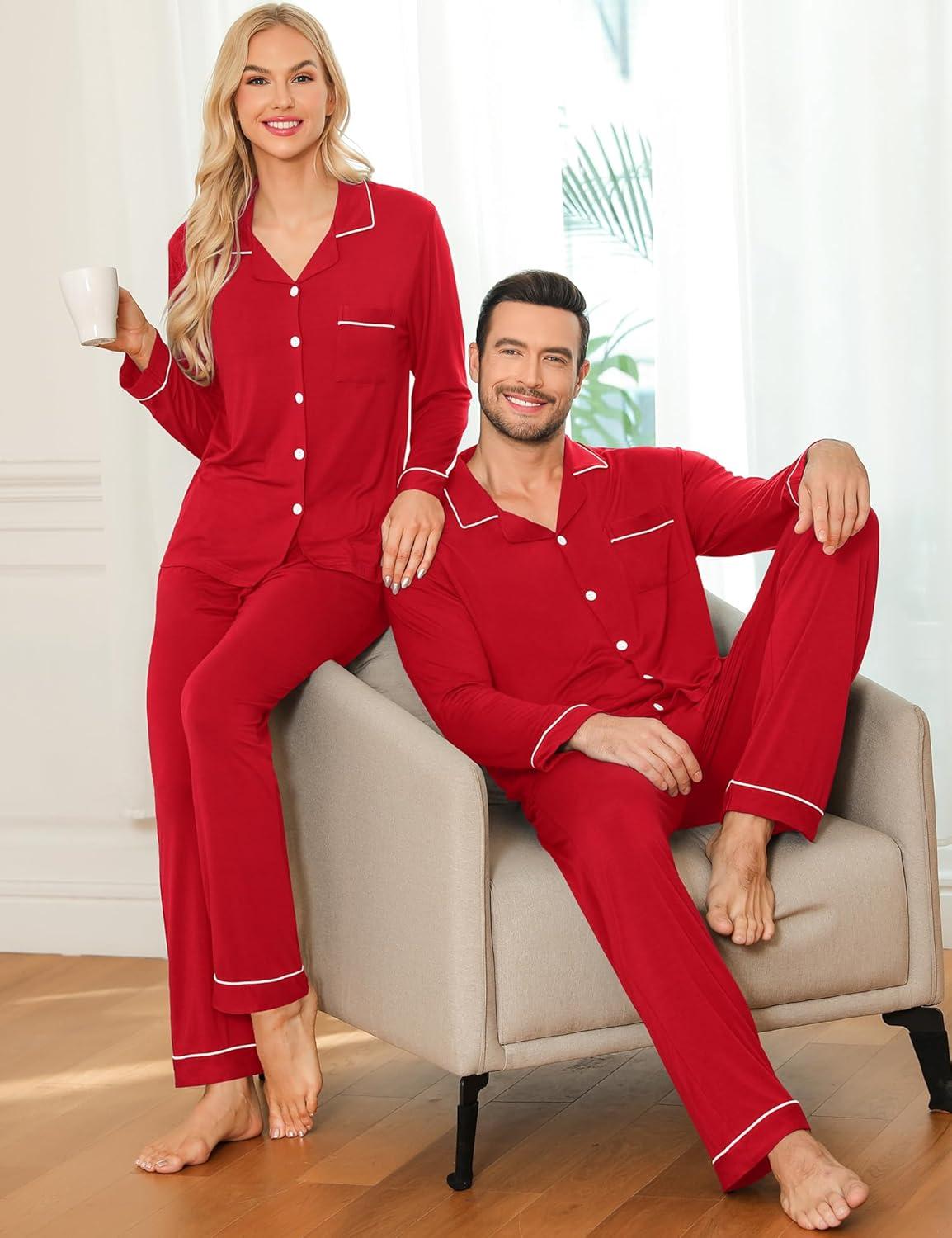 imageSWOMOG Couple Matching Pajamas Set Christmas Pajamas Long Sleeve Button Down Pj Set Festival Party Xmas SleepwearRed