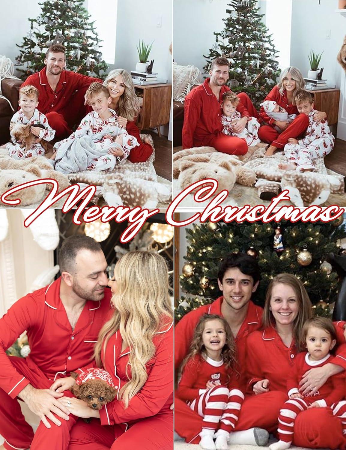 imageSWOMOG Couple Matching Pajamas Set Christmas Pajamas Long Sleeve Button Down Pj Set Festival Party Xmas SleepwearRed