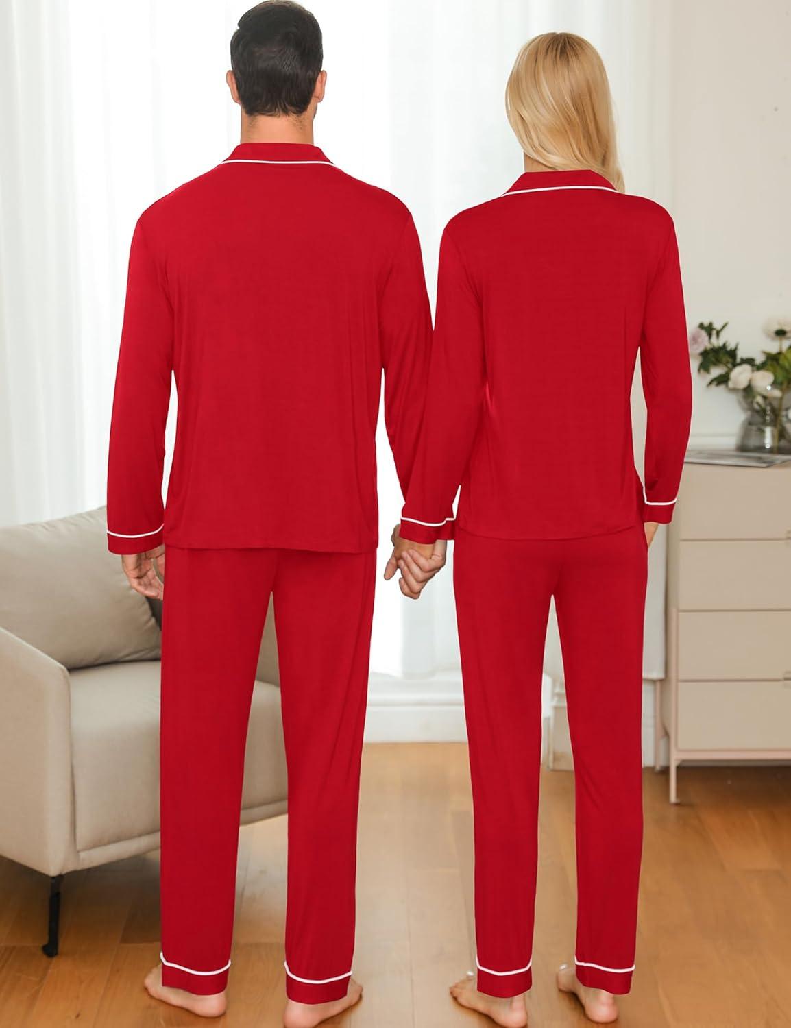 imageSWOMOG Couple Matching Pajamas Set Christmas Pajamas Long Sleeve Button Down Pj Set Festival Party Xmas SleepwearRed