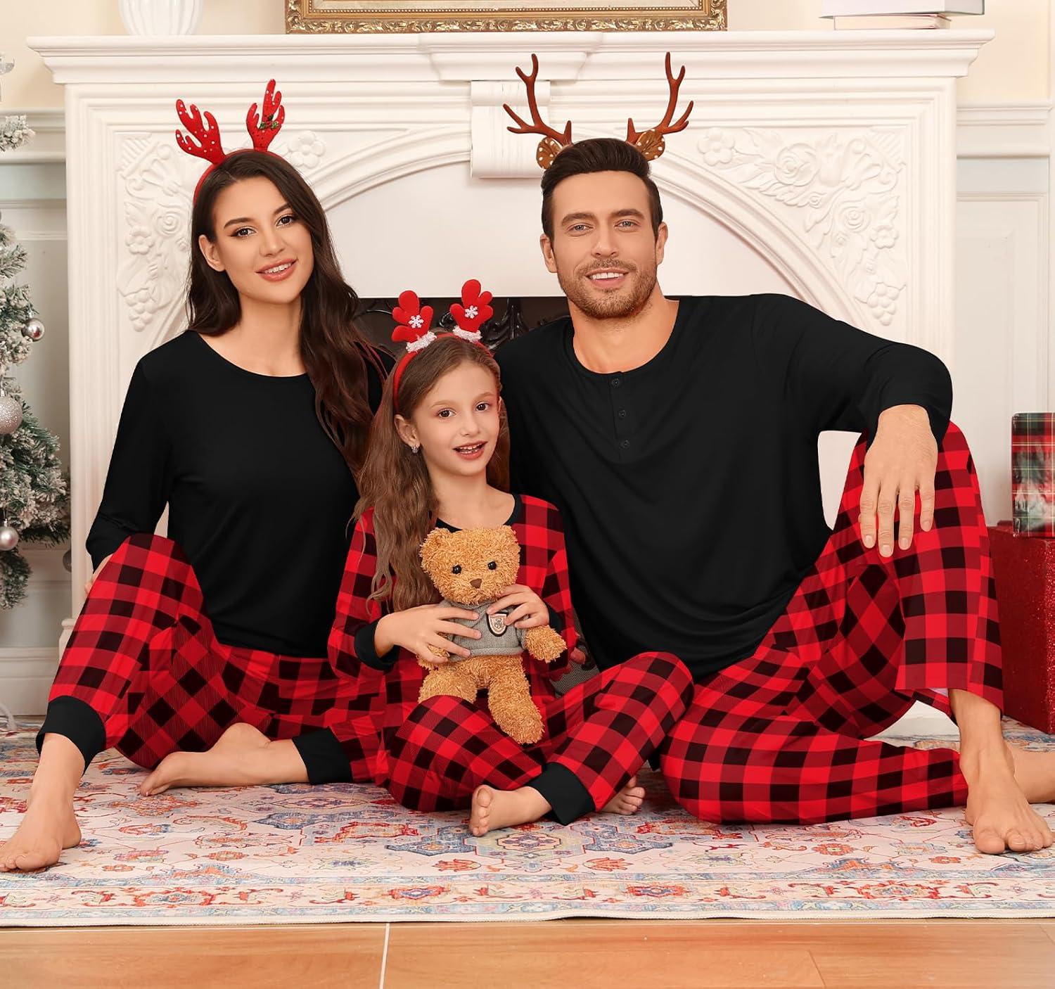 imageSWOMOG Couple Matching Pajamas Set Christmas Pajamas Long Sleeve Button Down Pj Set Festival Party Xmas SleepwearRed Black Plaid