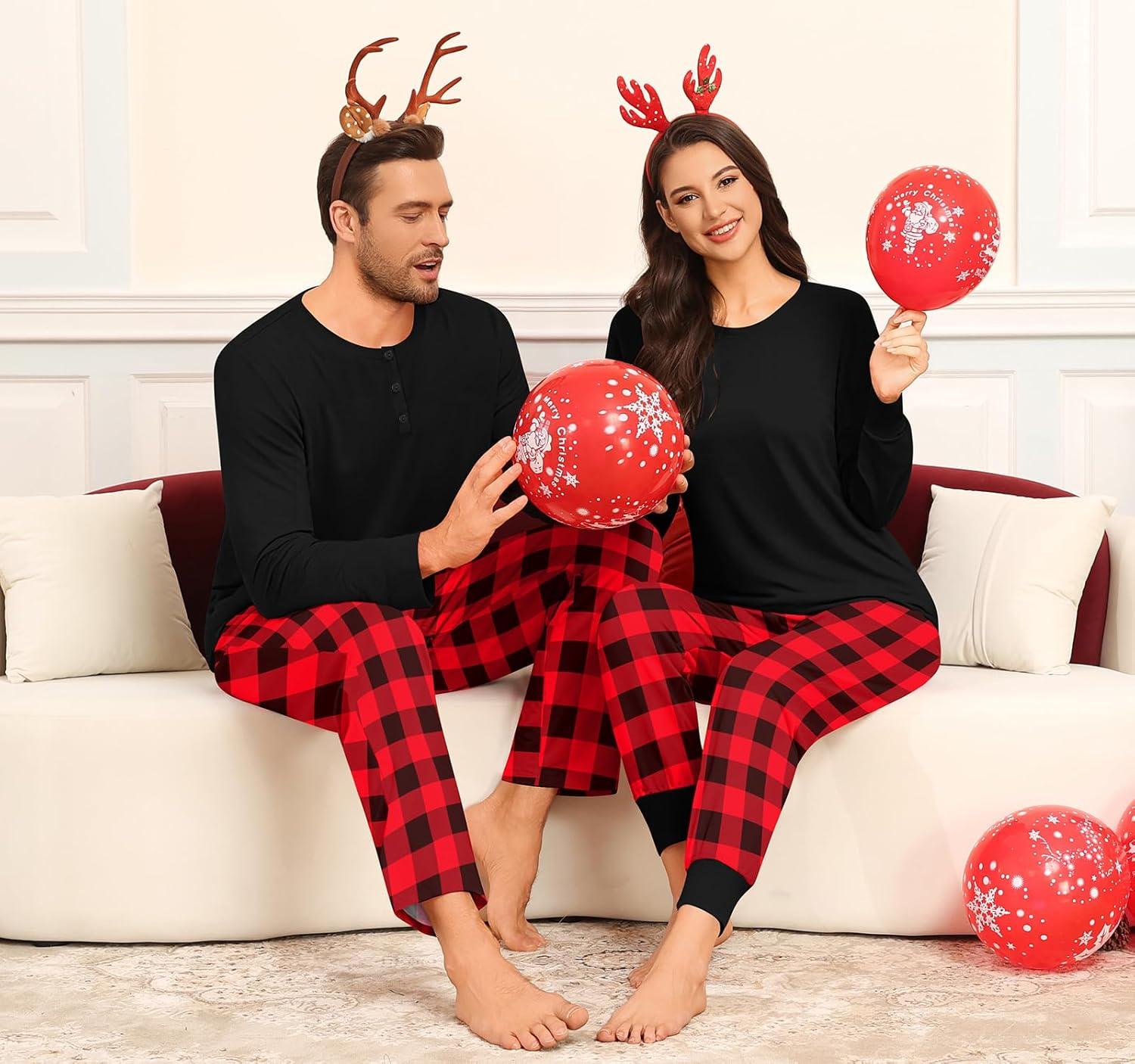imageSWOMOG Couple Matching Pajamas Set Christmas Pajamas Long Sleeve Button Down Pj Set Festival Party Xmas SleepwearRed Black Plaid