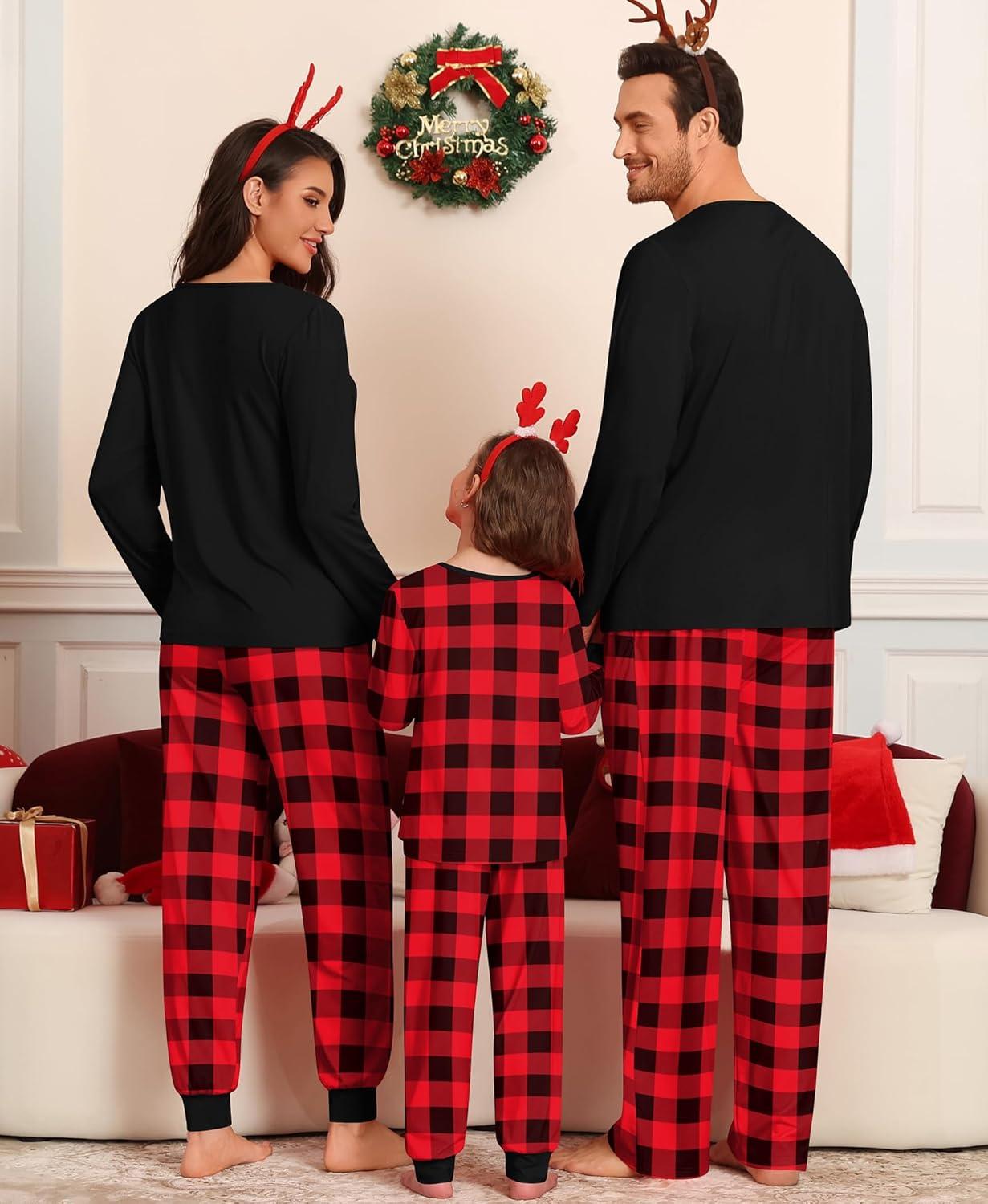 imageSWOMOG Couple Matching Pajamas Set Christmas Pajamas Long Sleeve Button Down Pj Set Festival Party Xmas SleepwearRed Black Plaid