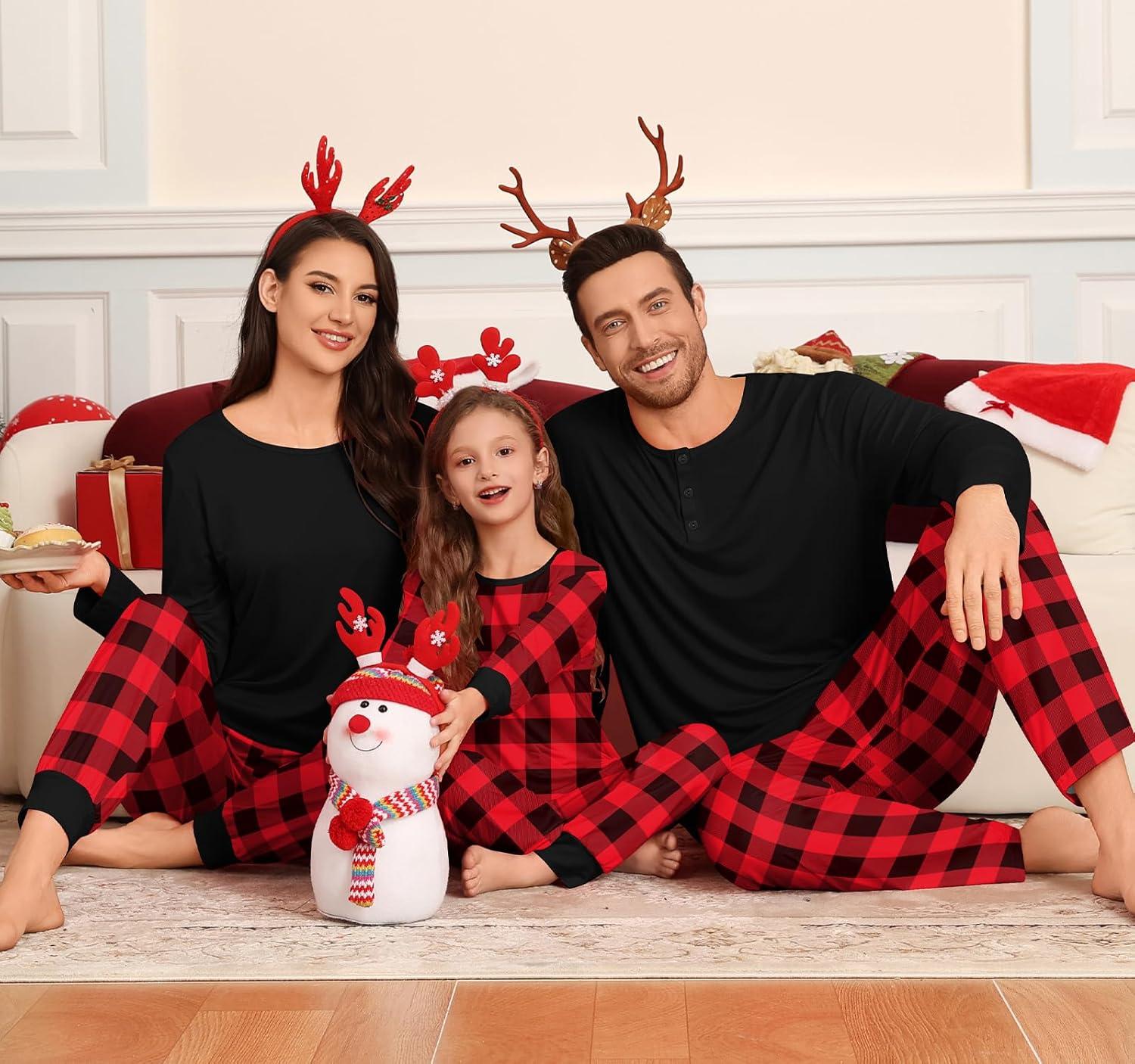 imageSWOMOG Couple Matching Pajamas Set Christmas Pajamas Long Sleeve Button Down Pj Set Festival Party Xmas SleepwearRed Black Plaid