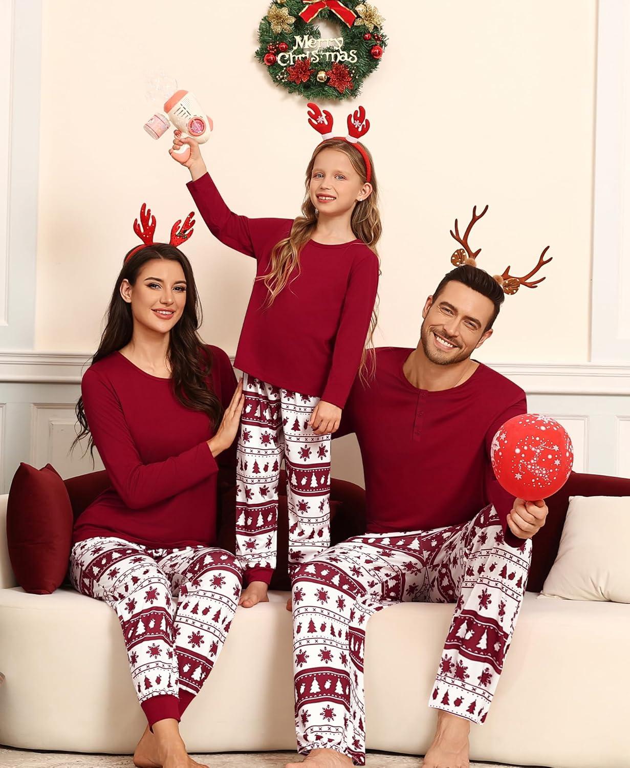 imageSWOMOG Couple Matching Pajamas Set Christmas Pajamas Long Sleeve Button Down Pj Set Festival Party Xmas SleepwearWhite Red Christmas Tree