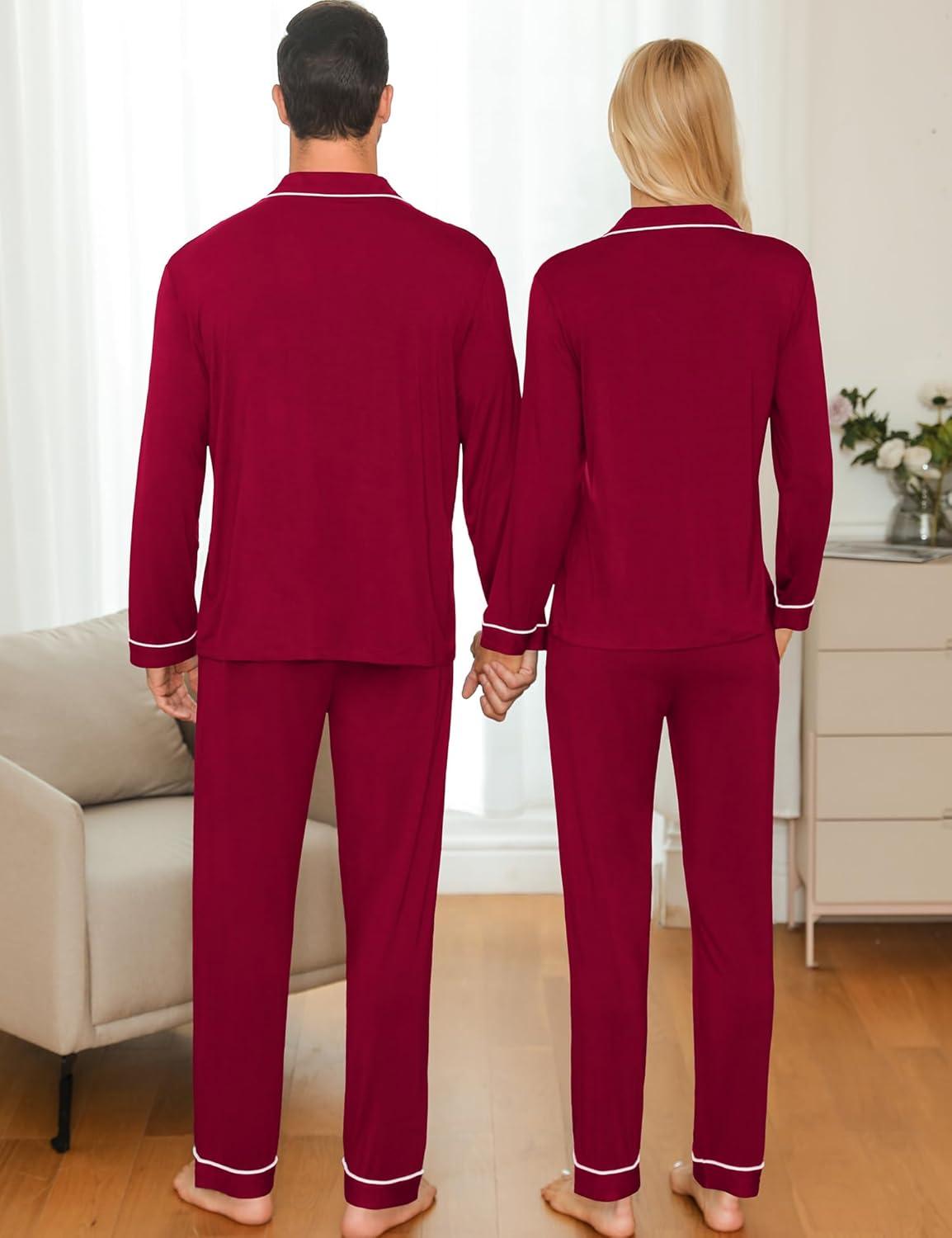 imageSWOMOG Couple Matching Pajamas Set Christmas Pajamas Long Sleeve Button Down Pj Set Festival Party Xmas SleepwearWine Red