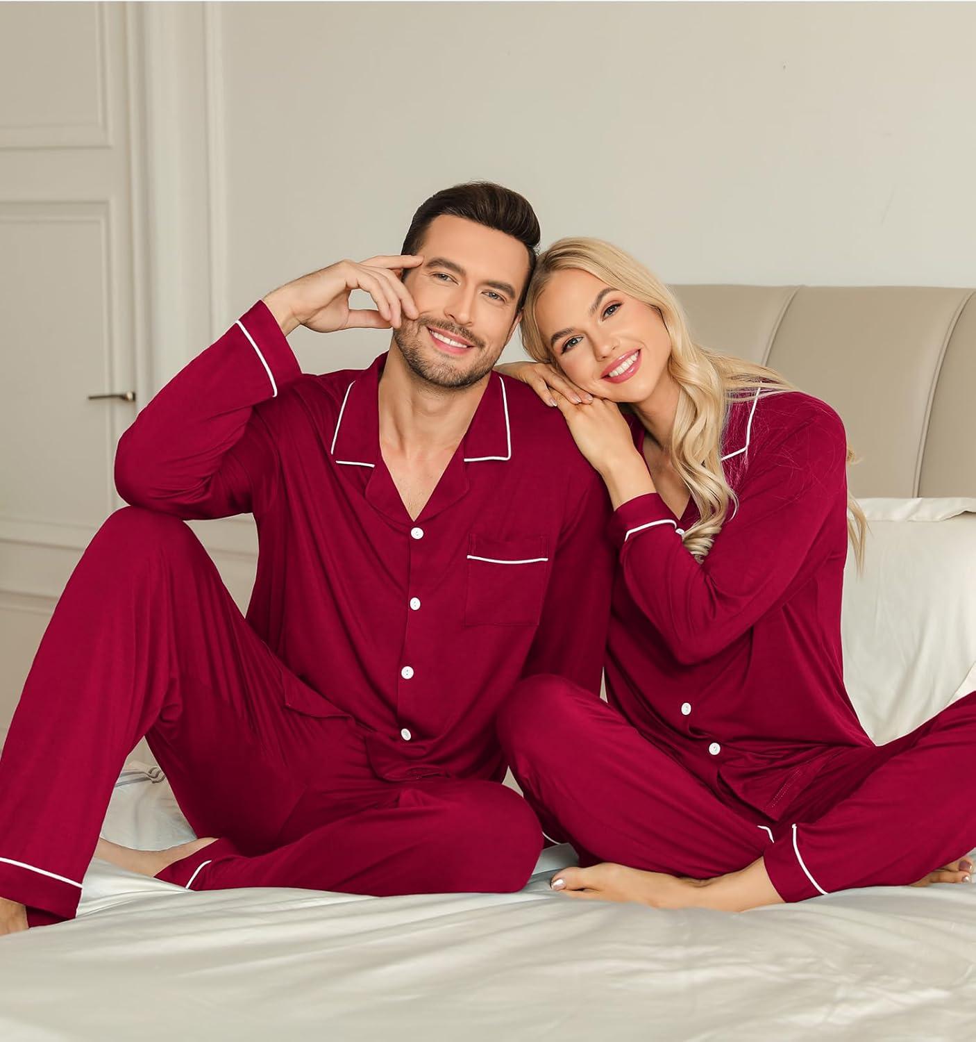 imageSWOMOG Couple Matching Pajamas Set Christmas Pajamas Long Sleeve Button Down Pj Set Festival Party Xmas SleepwearWine Red