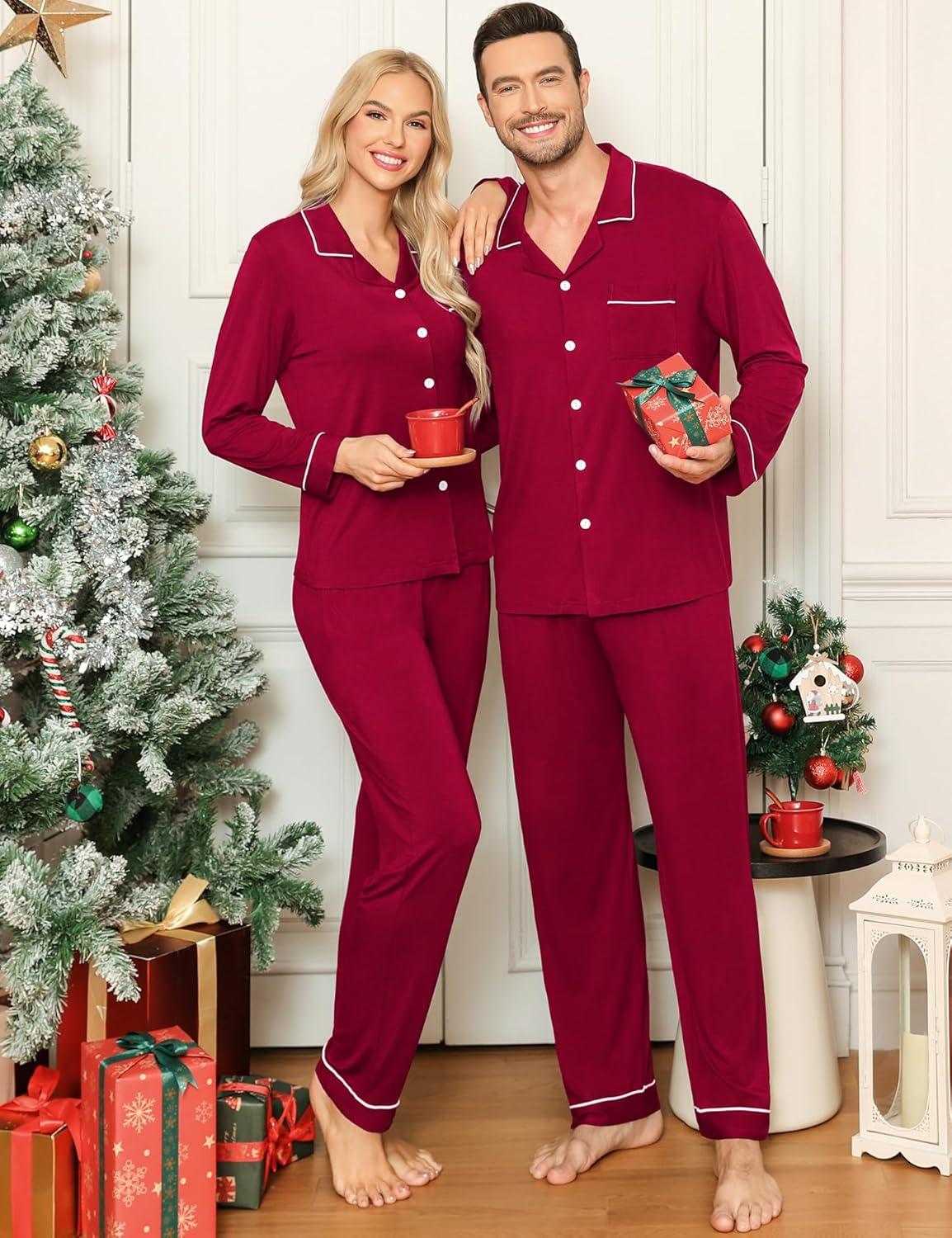imageSWOMOG Couple Matching Pajamas Set Christmas Pajamas Long Sleeve Button Down Pj Set Festival Party Xmas SleepwearWine Red