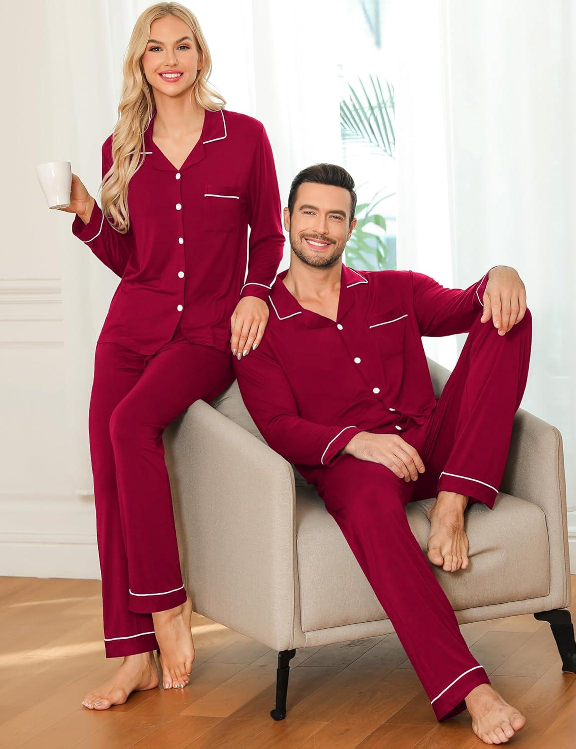 imageSWOMOG Couple Matching Pajamas Set Christmas Pajamas Long Sleeve Button Down Pj Set Festival Party Xmas SleepwearWine Red