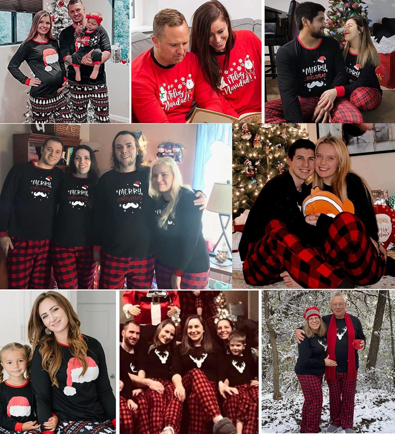 imageSWOMOG Couple Matching Pajamas Set Christmas Pajamas Long Sleeve Button Down Pj Set Festival Party Xmas SleepwearZchristmas Hat