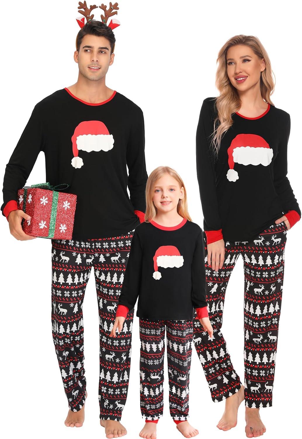 imageSWOMOG Couple Matching Pajamas Set Christmas Pajamas Long Sleeve Button Down Pj Set Festival Party Xmas SleepwearZchristmas Hat