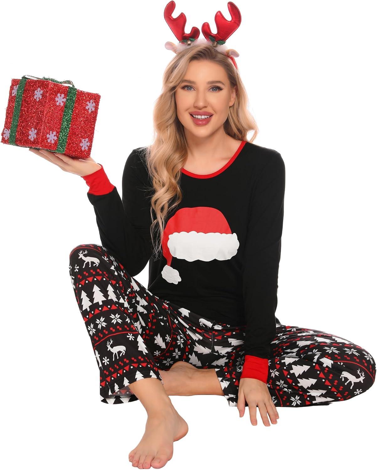 imageSWOMOG Couple Matching Pajamas Set Christmas Pajamas Long Sleeve Button Down Pj Set Festival Party Xmas SleepwearZchristmas Hat