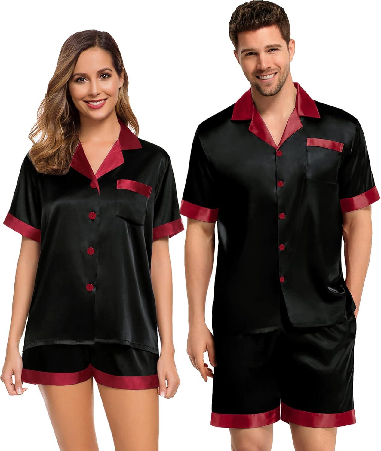 imageSWOMOG Couples Pajama Set Women amp Men Silk Satin Short Sleeve Set Top and Shorts Sleepwear Soft ButtonDown LoungewearBlackRed