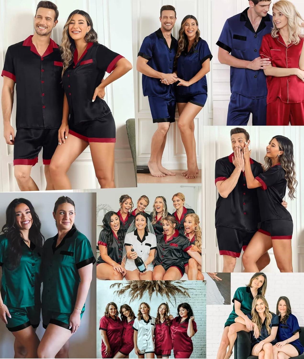 imageSWOMOG Couples Pajama Set Women amp Men Silk Satin Short Sleeve Set Top and Shorts Sleepwear Soft ButtonDown LoungewearBlackRed