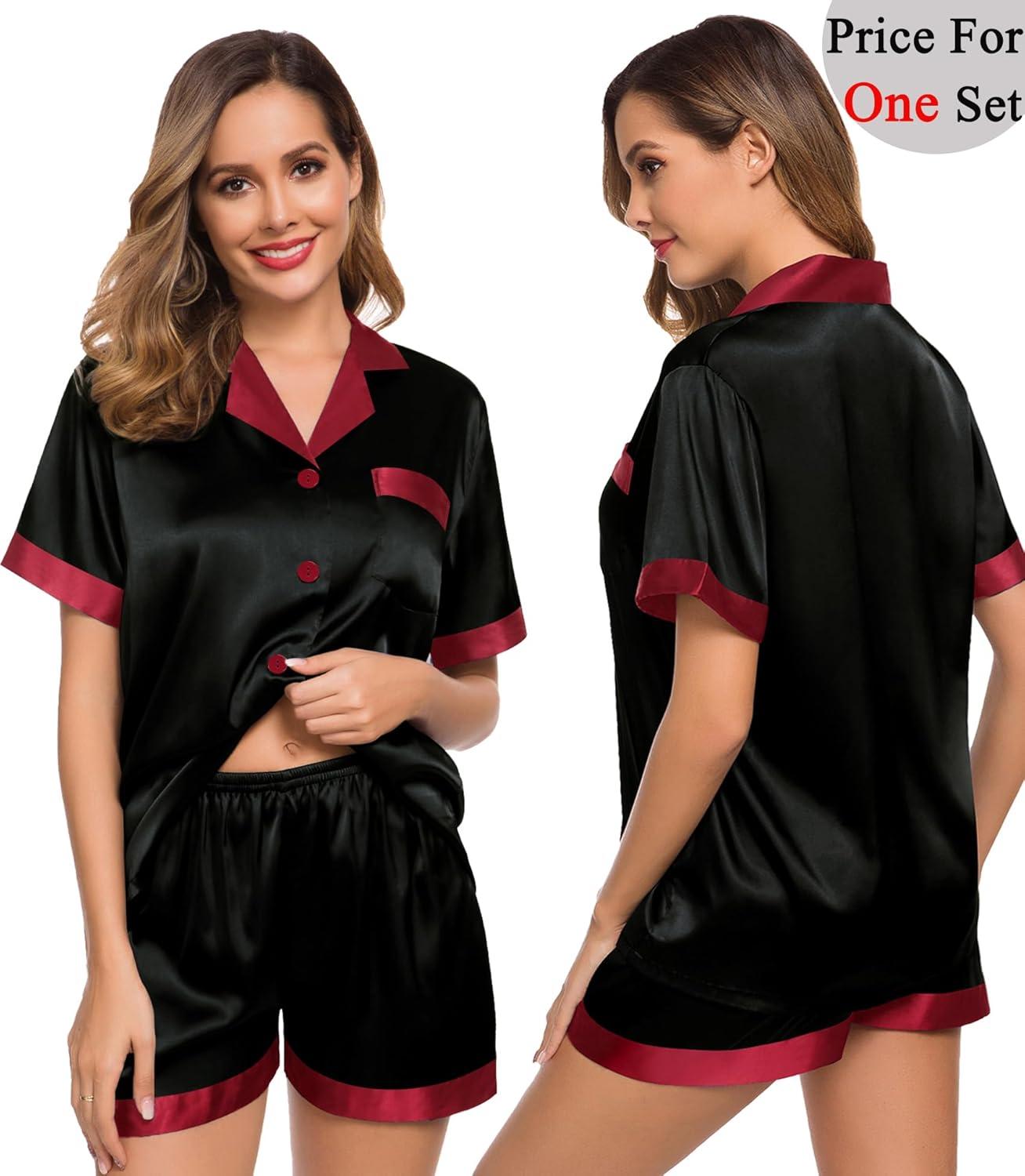 imageSWOMOG Couples Pajama Set Women amp Men Silk Satin Short Sleeve Set Top and Shorts Sleepwear Soft ButtonDown LoungewearBlackRed