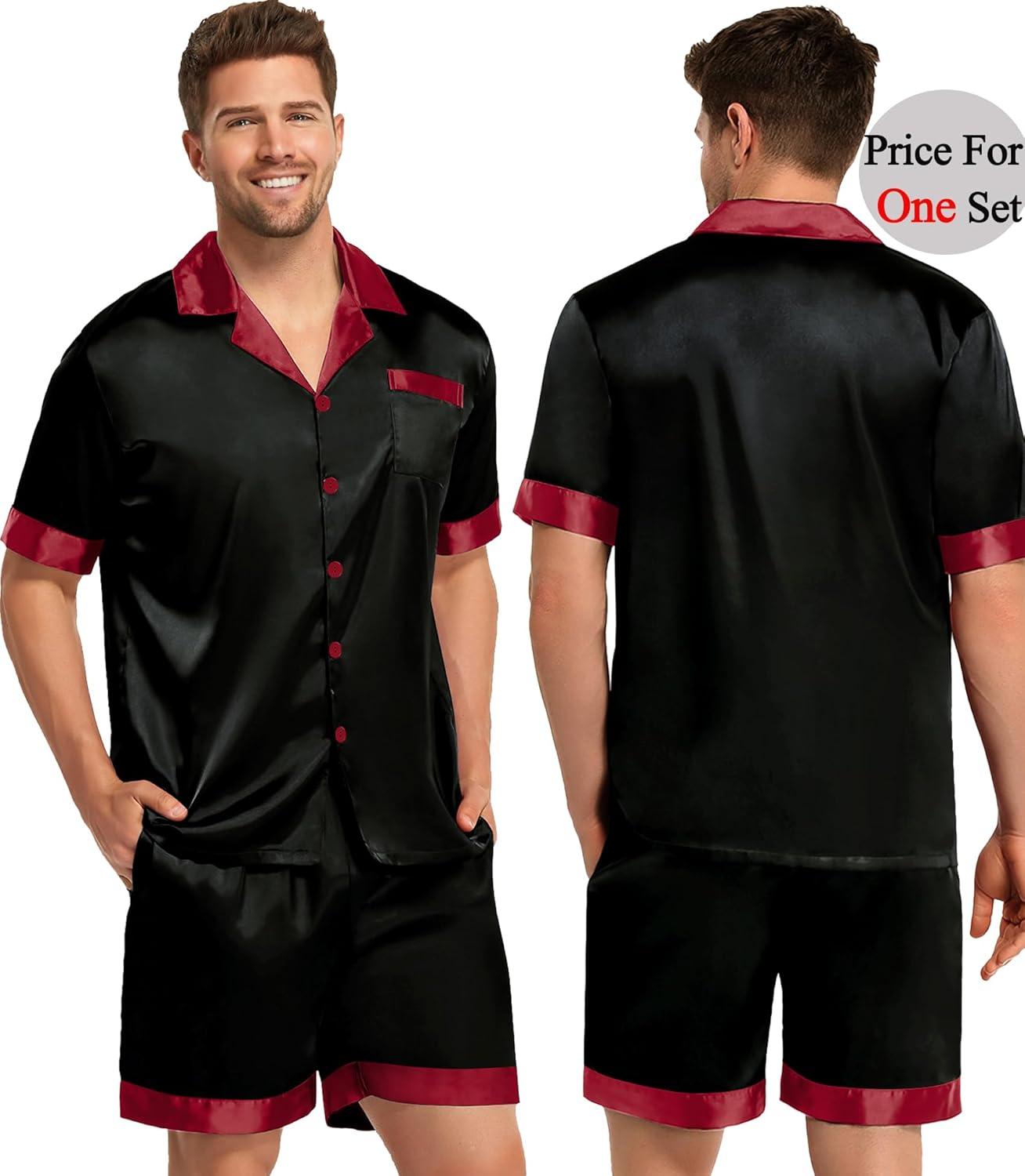 imageSWOMOG Couples Pajama Set Women amp Men Silk Satin Short Sleeve Set Top and Shorts Sleepwear Soft ButtonDown LoungewearBlackRed