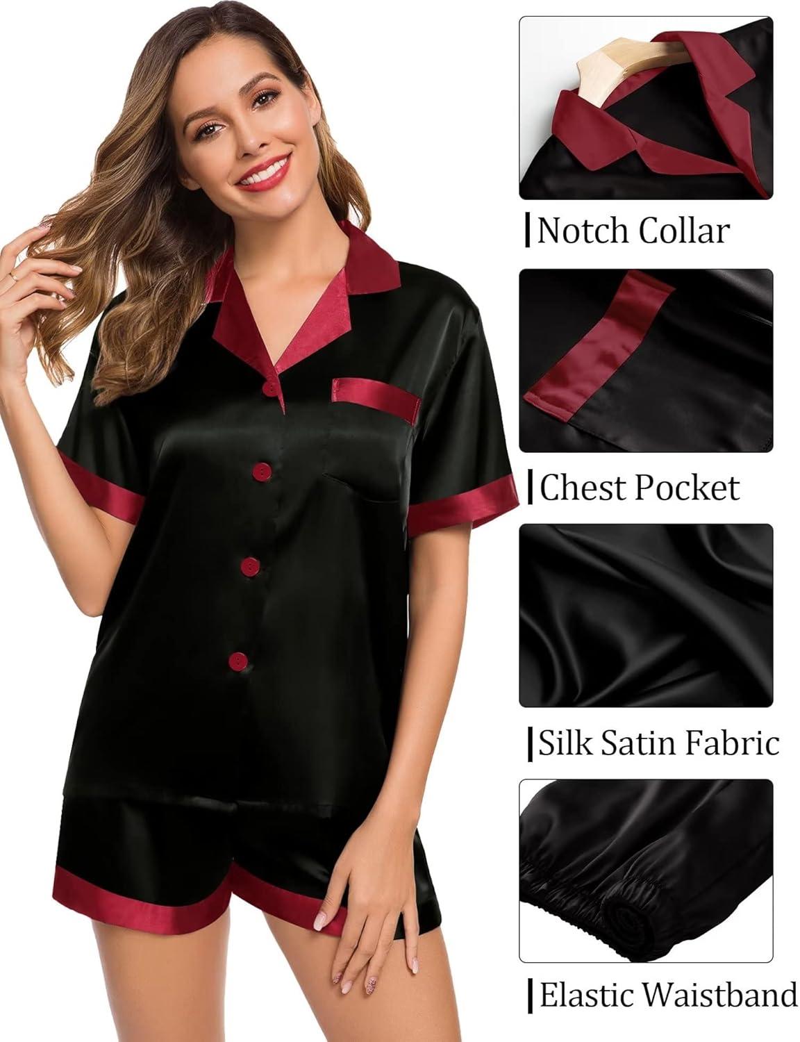 imageSWOMOG Couples Pajama Set Women amp Men Silk Satin Short Sleeve Set Top and Shorts Sleepwear Soft ButtonDown LoungewearBlackRed