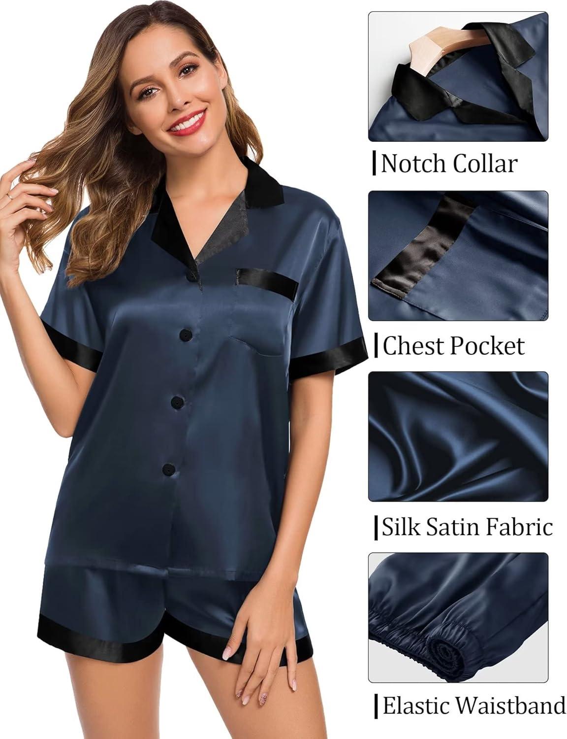 imageSWOMOG Couples Pajama Set Women amp Men Silk Satin Short Sleeve Set Top and Shorts Sleepwear Soft ButtonDown LoungewearDeep Grey
