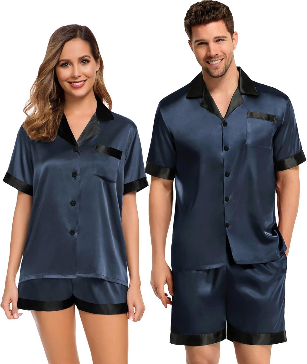 imageSWOMOG Couples Pajama Set Women amp Men Silk Satin Short Sleeve Set Top and Shorts Sleepwear Soft ButtonDown LoungewearDeep Grey