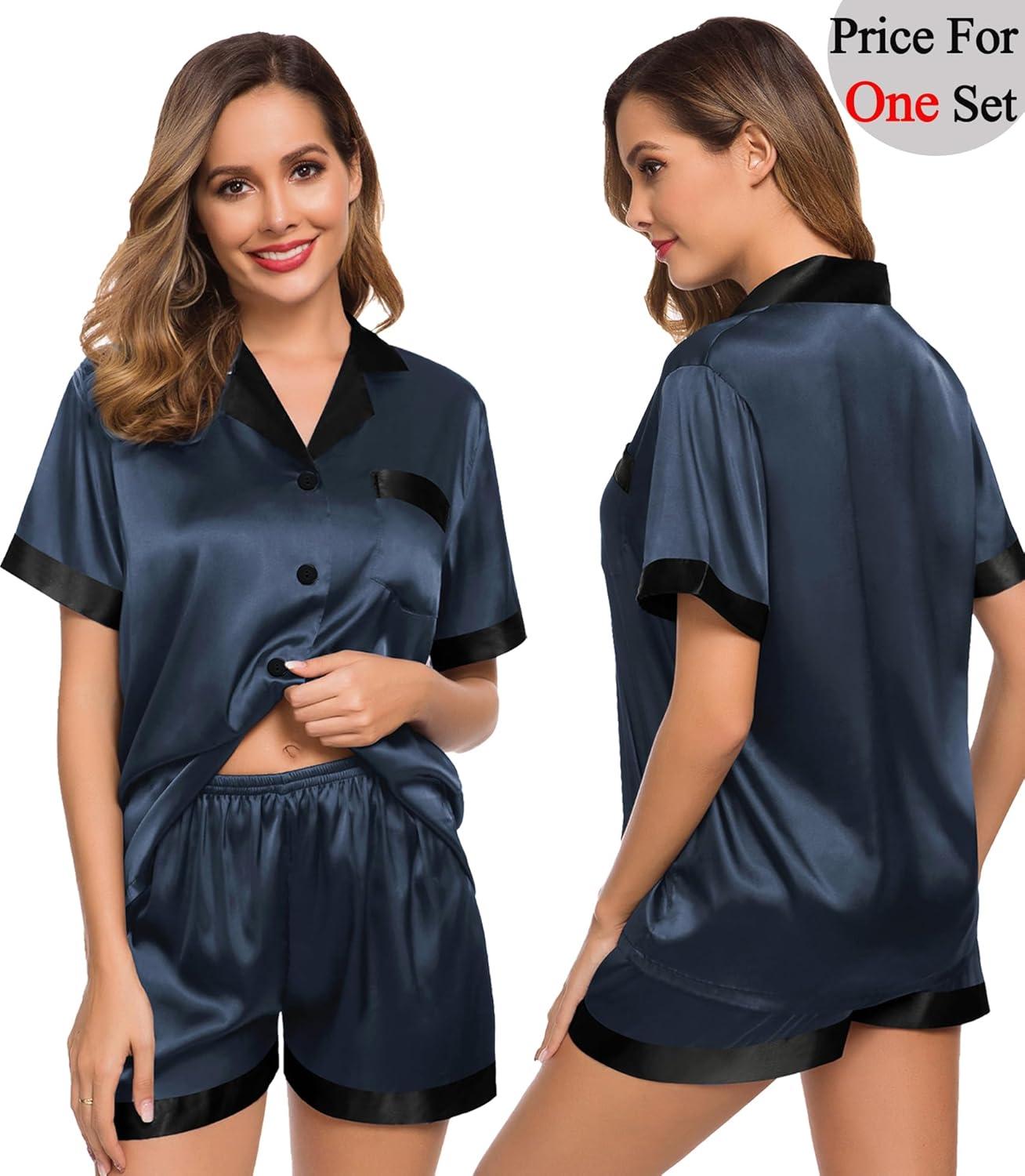 imageSWOMOG Couples Pajama Set Women amp Men Silk Satin Short Sleeve Set Top and Shorts Sleepwear Soft ButtonDown LoungewearDeep Grey