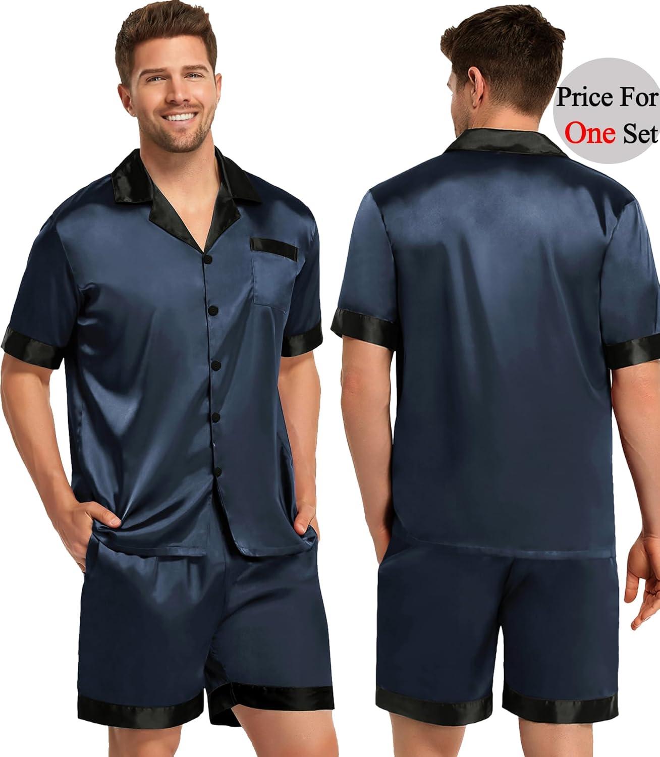 imageSWOMOG Couples Pajama Set Women amp Men Silk Satin Short Sleeve Set Top and Shorts Sleepwear Soft ButtonDown LoungewearDeep Grey