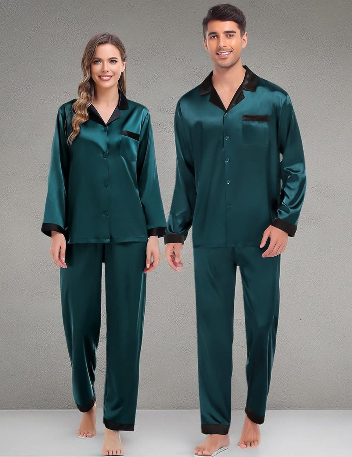 imageSWOMOG Couples Pajama Sets Men amp Women Satin Long Sleeve Sleepwear Silky Classic Button Down Soft Loungewear Pjs SetDeep Green