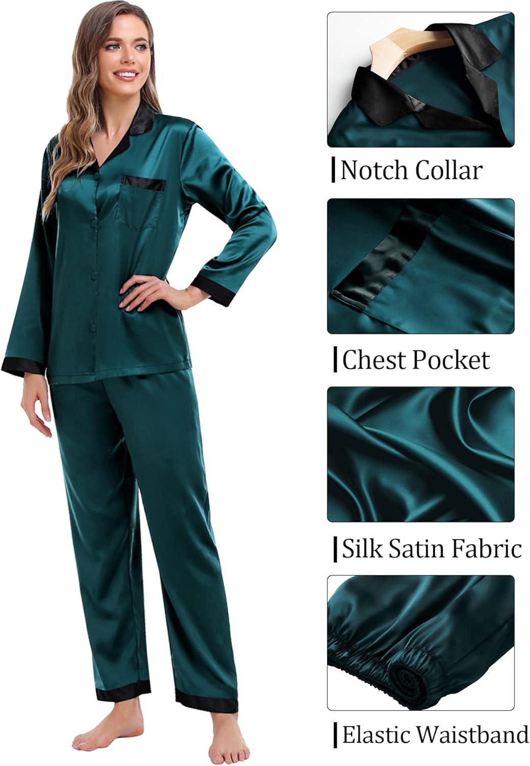 imageSWOMOG Couples Pajama Sets Men amp Women Satin Long Sleeve Sleepwear Silky Classic Button Down Soft Loungewear Pjs SetDeep Green