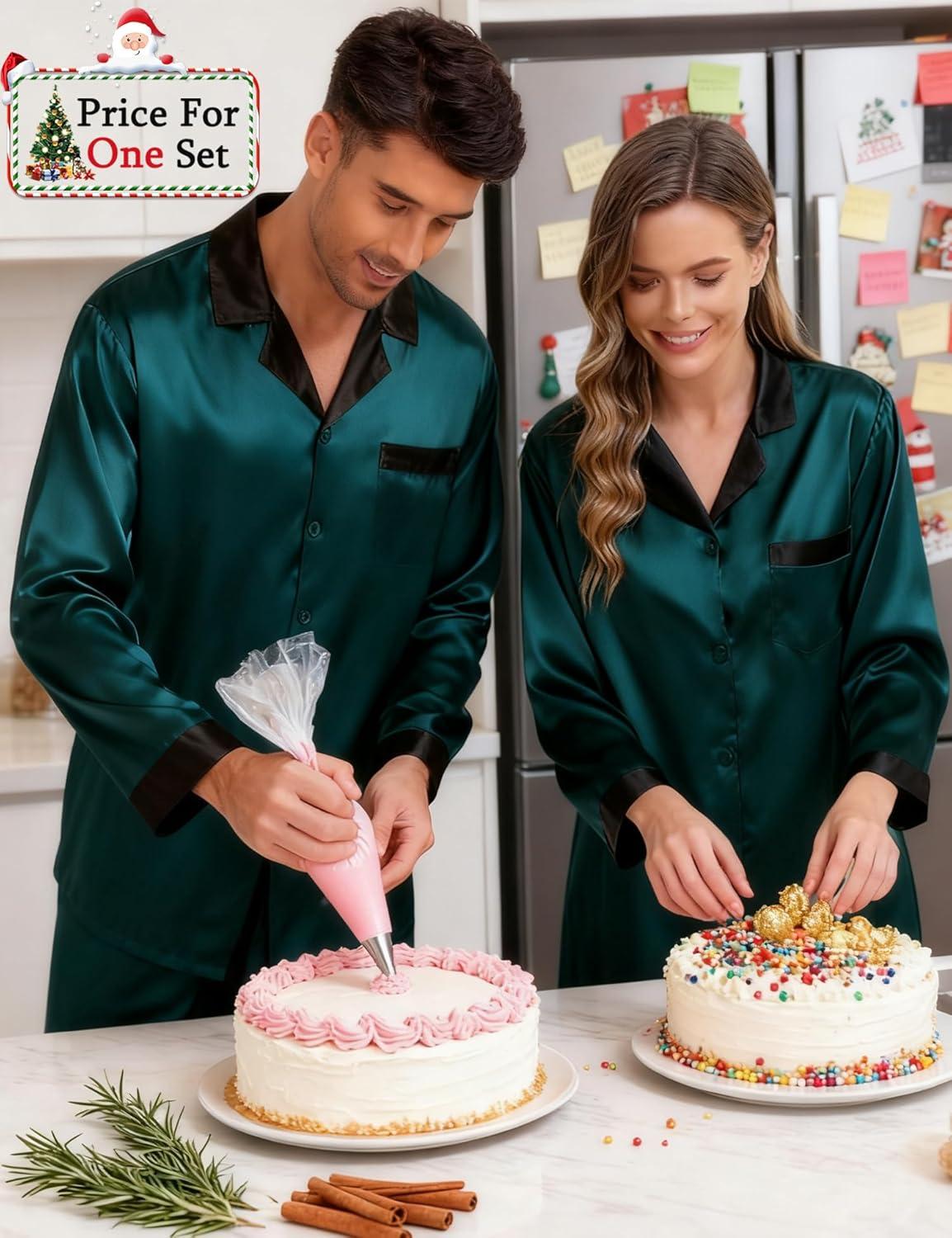 imageSWOMOG Couples Pajama Sets Men amp Women Satin Long Sleeve Sleepwear Silky Classic Button Down Soft Loungewear Pjs SetDeep Green