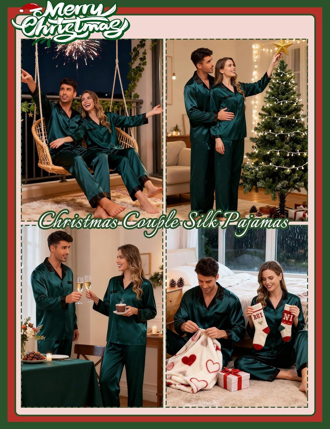imageSWOMOG Couples Pajama Sets Men amp Women Satin Long Sleeve Sleepwear Silky Classic Button Down Soft Loungewear Pjs SetDeep Green