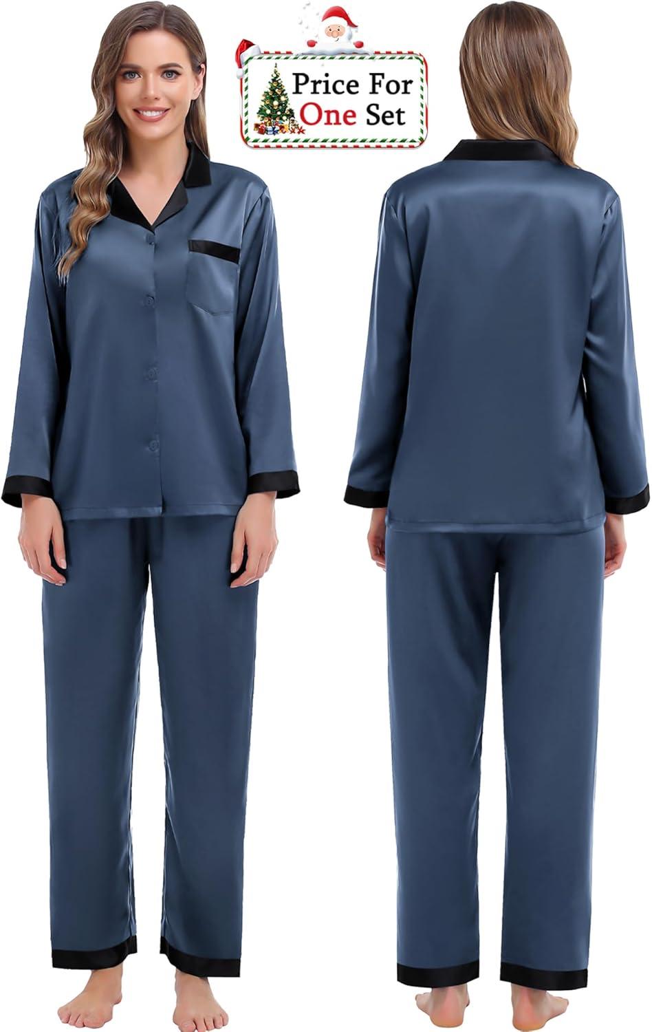 imageSWOMOG Couples Pajama Sets Men amp Women Satin Long Sleeve Sleepwear Silky Classic Button Down Soft Loungewear Pjs SetDeep Grey