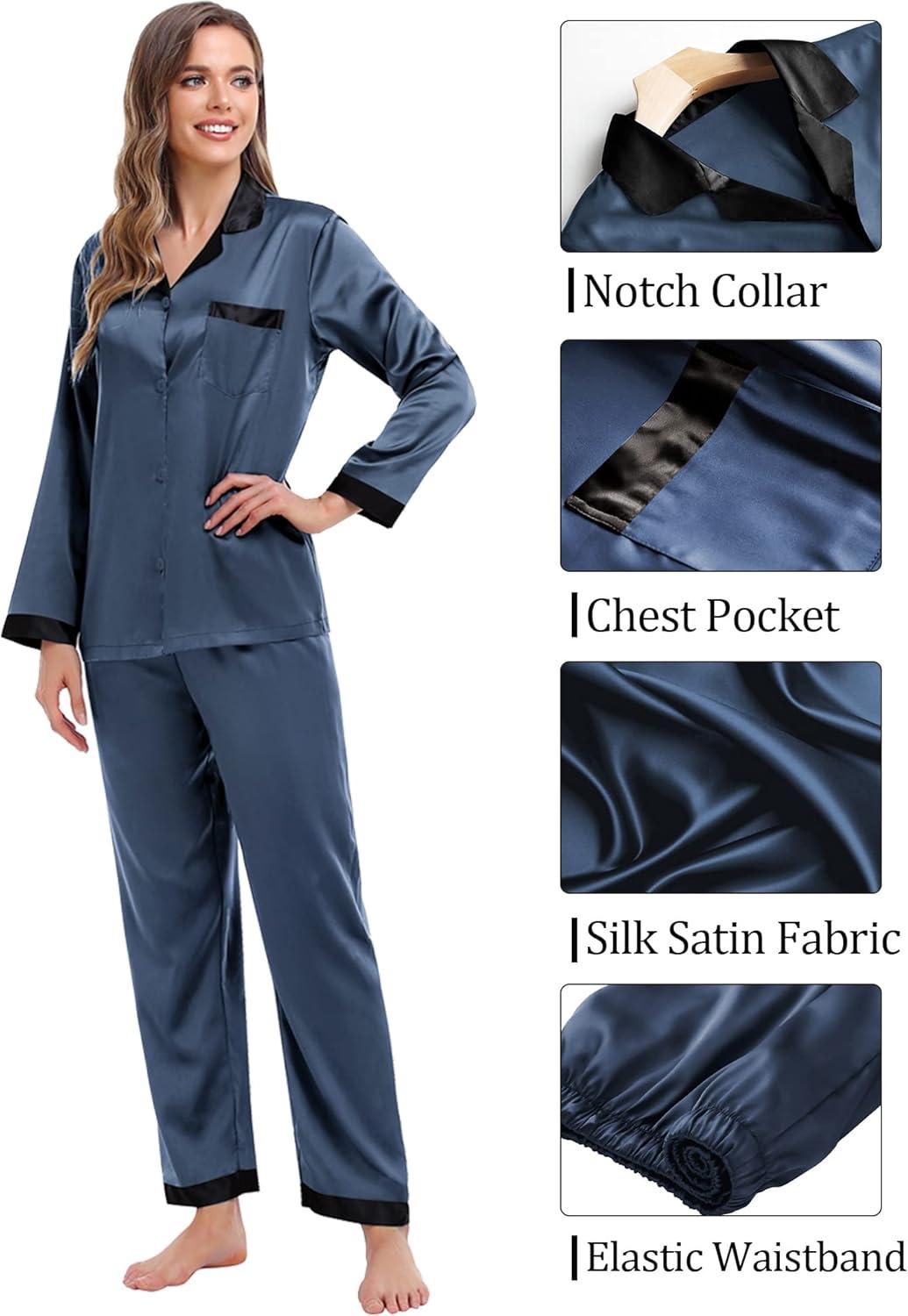 imageSWOMOG Couples Pajama Sets Men amp Women Satin Long Sleeve Sleepwear Silky Classic Button Down Soft Loungewear Pjs SetDeep Grey