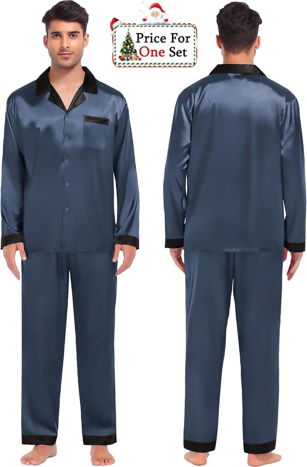 imageSWOMOG Couples Pajama Sets Men amp Women Satin Long Sleeve Sleepwear Silky Classic Button Down Soft Loungewear Pjs SetDeep Grey
