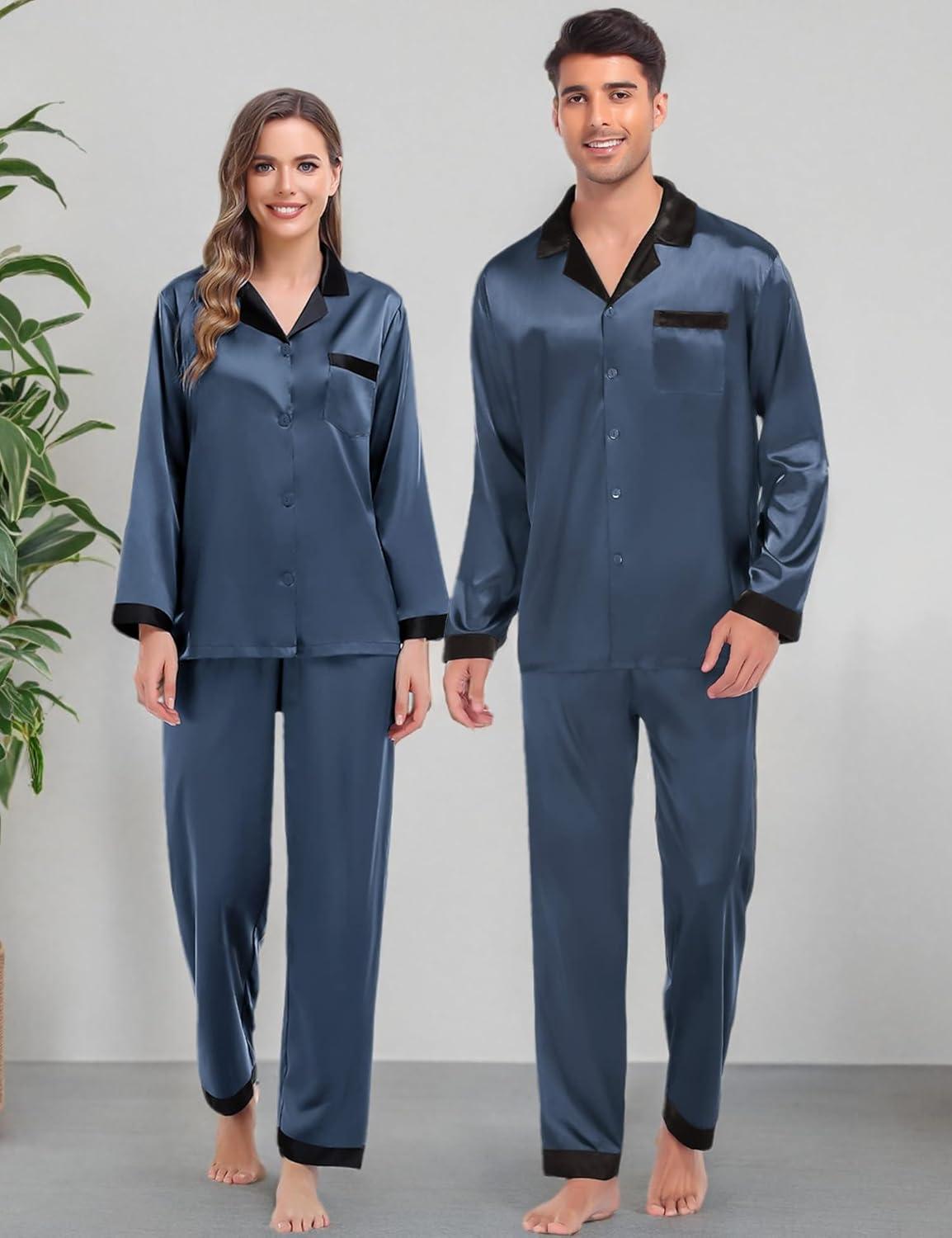 imageSWOMOG Couples Pajama Sets Men amp Women Satin Long Sleeve Sleepwear Silky Classic Button Down Soft Loungewear Pjs SetDeep Grey