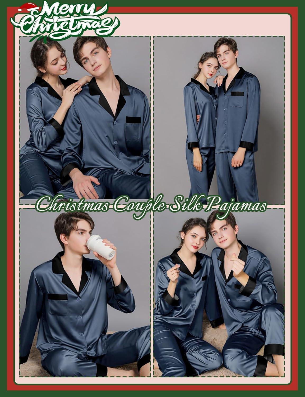 imageSWOMOG Couples Pajama Sets Men amp Women Satin Long Sleeve Sleepwear Silky Classic Button Down Soft Loungewear Pjs SetDeep Grey