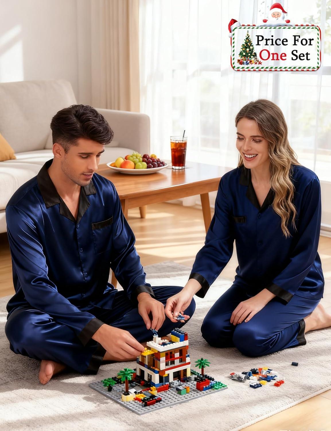 imageSWOMOG Couples Pajama Sets Men amp Women Satin Long Sleeve Sleepwear Silky Classic Button Down Soft Loungewear Pjs SetDeep Navy Blue