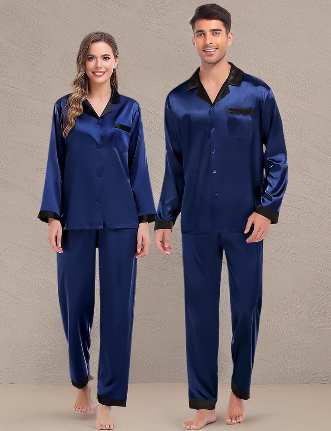 imageSWOMOG Couples Pajama Sets Men amp Women Satin Long Sleeve Sleepwear Silky Classic Button Down Soft Loungewear Pjs SetDeep Navy Blue