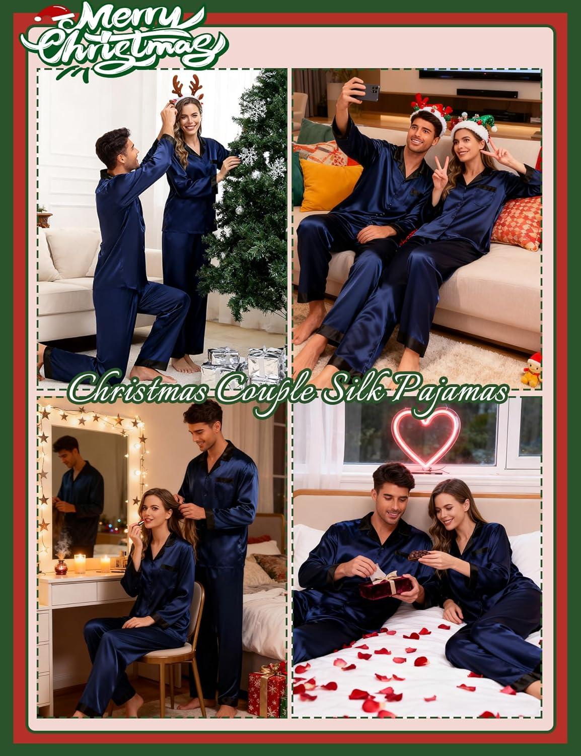 imageSWOMOG Couples Pajama Sets Men amp Women Satin Long Sleeve Sleepwear Silky Classic Button Down Soft Loungewear Pjs SetDeep Navy Blue