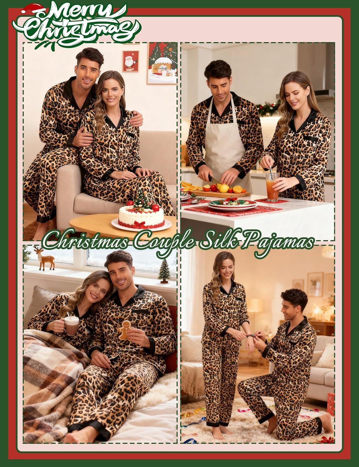 imageSWOMOG Couples Pajama Sets Men amp Women Satin Long Sleeve Sleepwear Silky Classic Button Down Soft Loungewear Pjs SetLeopard Print