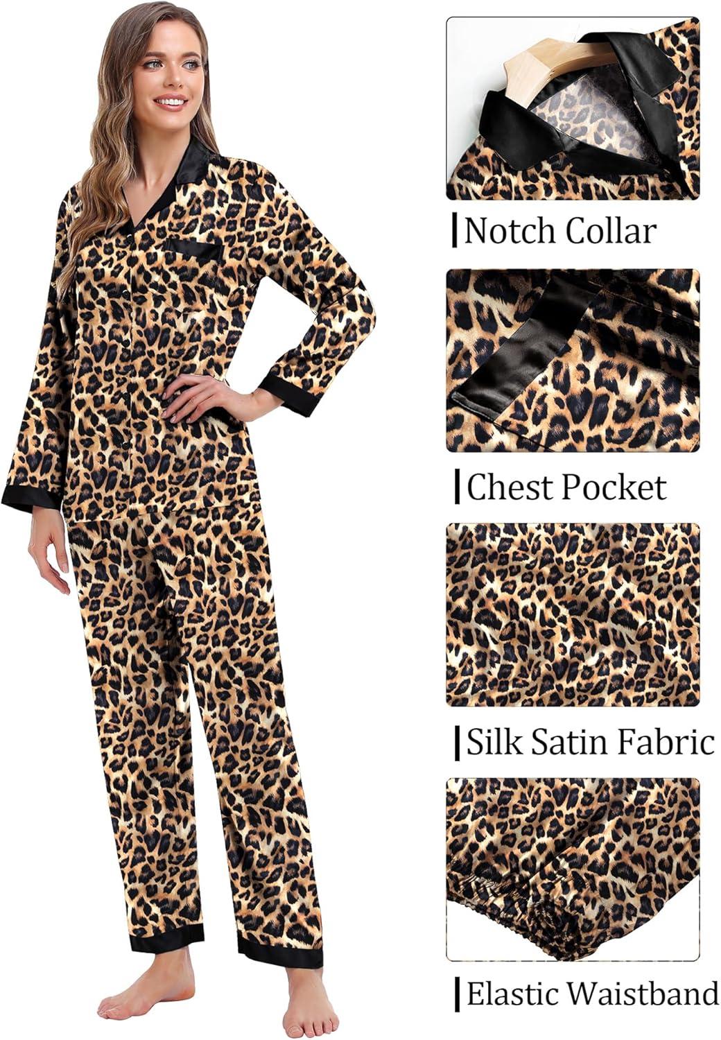 imageSWOMOG Couples Pajama Sets Men amp Women Satin Long Sleeve Sleepwear Silky Classic Button Down Soft Loungewear Pjs SetLeopard Print