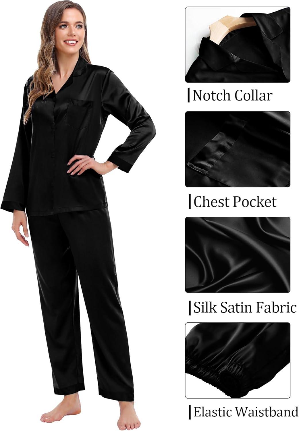 imageSWOMOG Couples Pajama Sets Men amp Women Satin Long Sleeve Sleepwear Silky Classic Button Down Soft Loungewear Pjs SetPure Black