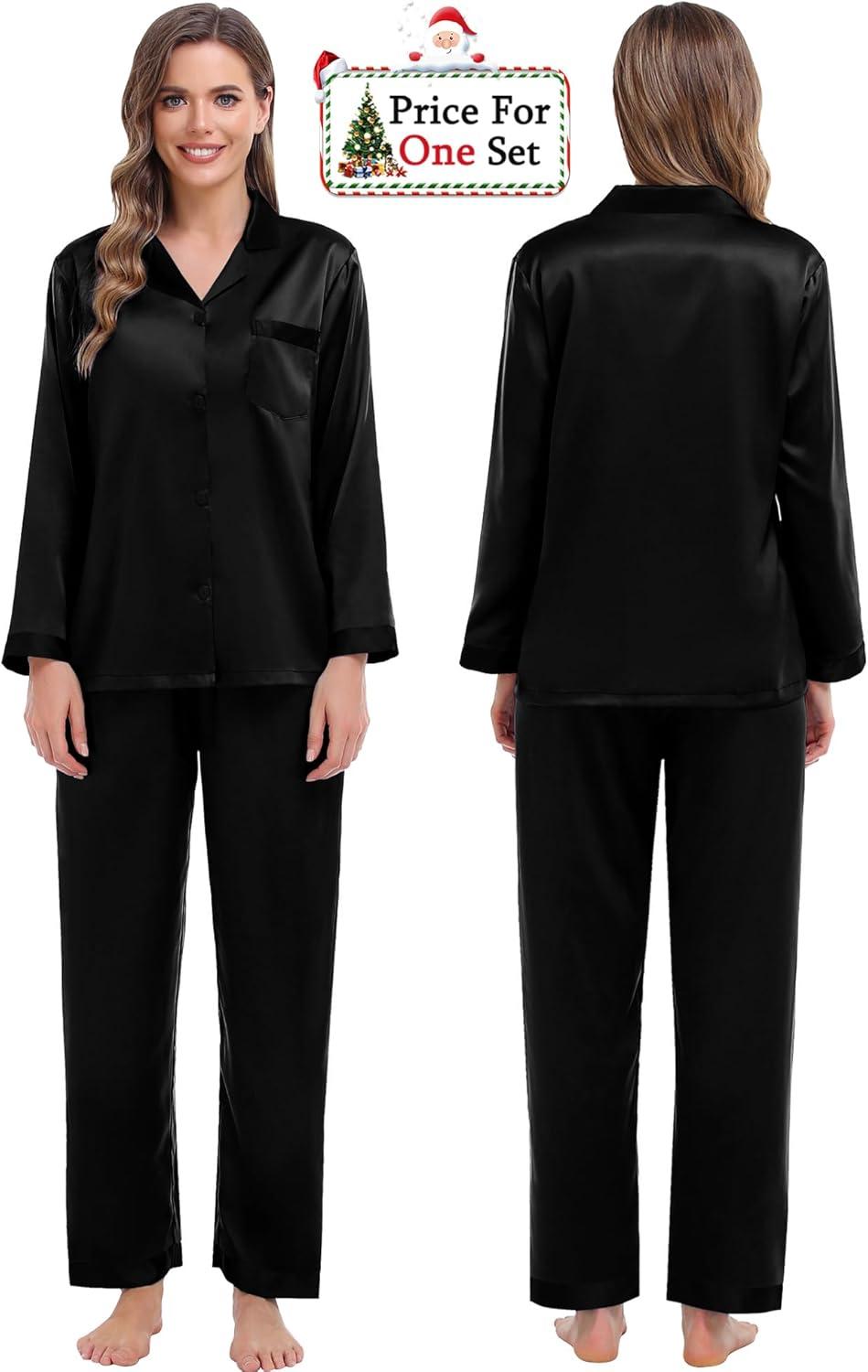 imageSWOMOG Couples Pajama Sets Men amp Women Satin Long Sleeve Sleepwear Silky Classic Button Down Soft Loungewear Pjs SetPure Black